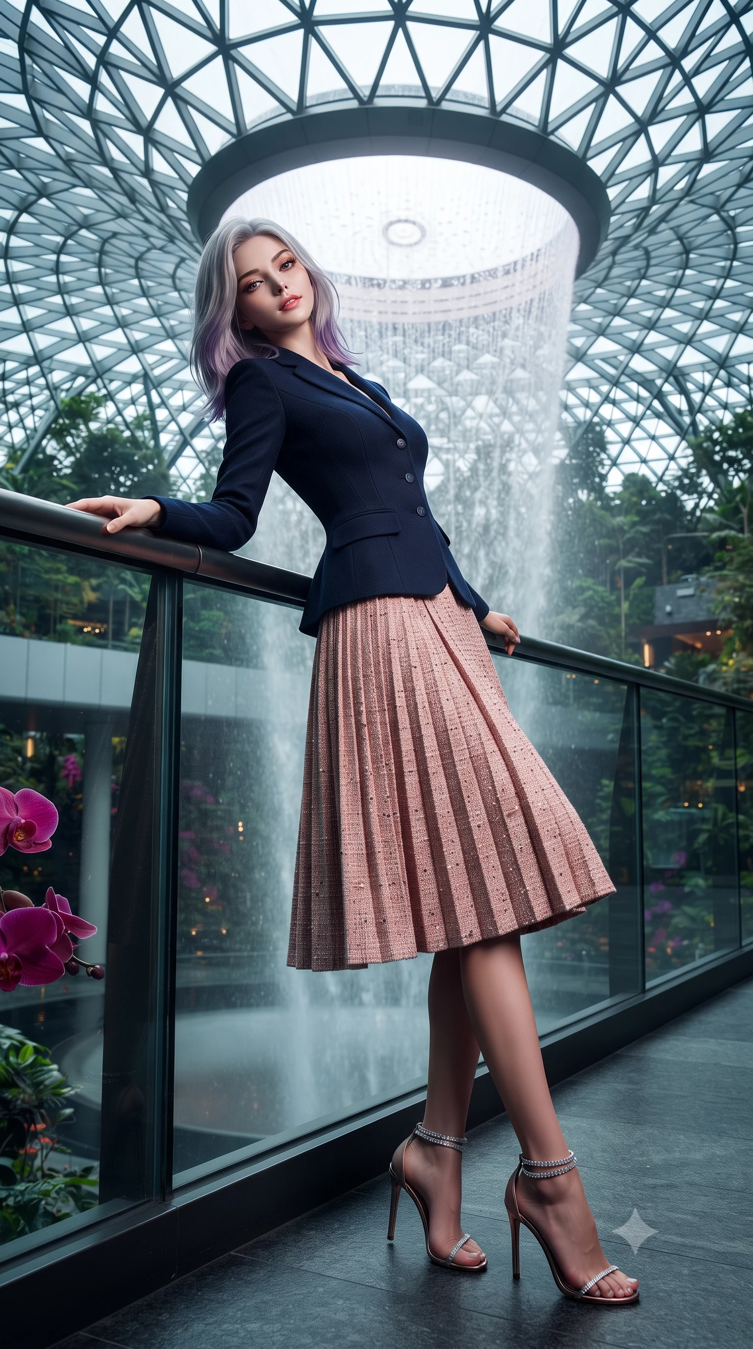 score_9, masterpiece, best quality, ultra-detailed, high-budget anime keyframe, editorial fashion photography, tasteful artistic composition, Caucasian woman. close-up cowboy shot from the waist and thighs up, the character dominates the composition, filling the frame with her large presence. leaning back against the balustrade with relaxed seductive grace, head tilted back slightly while casting a hypnotic, heavy-lidded gaze while standing poised on the cantilevered glass skybridge beside the colossal 7-story indoor waterfall vortex cascading from the domed ceiling, arching her lower back with breathtaking siren grace. The surrounding environment is rendered in vivid detail and crisp panoramic clarity: sharp triangular diagrid glass dome framework, rushing water droplet streams in mid-air, and exotic orchid petal veins in deep focus. She has an exceptionally elegant, slender, and willowy female figure with an ultra-slim waist, flat toned midriff, narrow ribcage, and sculpted feminine hips creating an alluring, slim hourglass silhouette without bulk. sharp v-shaped jawline, high-bridge nose, intricate jewel-like sparkling eyes with depth, thick eyelashes, glossy parted lips with a natural peach sheen, bright cheerful beaming smile with an enchanting and coquettish sensual glint, exuding both youthful cute charm and seductive allure, flawlessly proportioned anatomical accuracy, strict slender model proportions, natural body alignment, perfectly sculpted long slender limbs, ultra-slim waistline, clean dynamic posture without body distortion. wearing a tailored navy wool equestrian riding blazer paired with a pleated midi skirt in Grasse centifolia rose petal blush and burnished copper, woven from structured British tweed with subtle metallic flecks, complemented by strappy stiletto sandals with crystal ankle wraps accentuating her slender calves, the bespoke structured tailoring following the natural line of her 8.5-heads silhouette with refined elegance. illuminated by waterfall spray specular bounce and sharp rainbow-platinum rim lights defining her dewy collarbones, ultra-slim waist, and curvy hips. ultra-reflective glossy finish, specular highlights, rich textural contrasts, high-contrast stereoscopic depth, volumetric dynamic lighting, 2k, ultra detail, master piece, 9:16 ratio