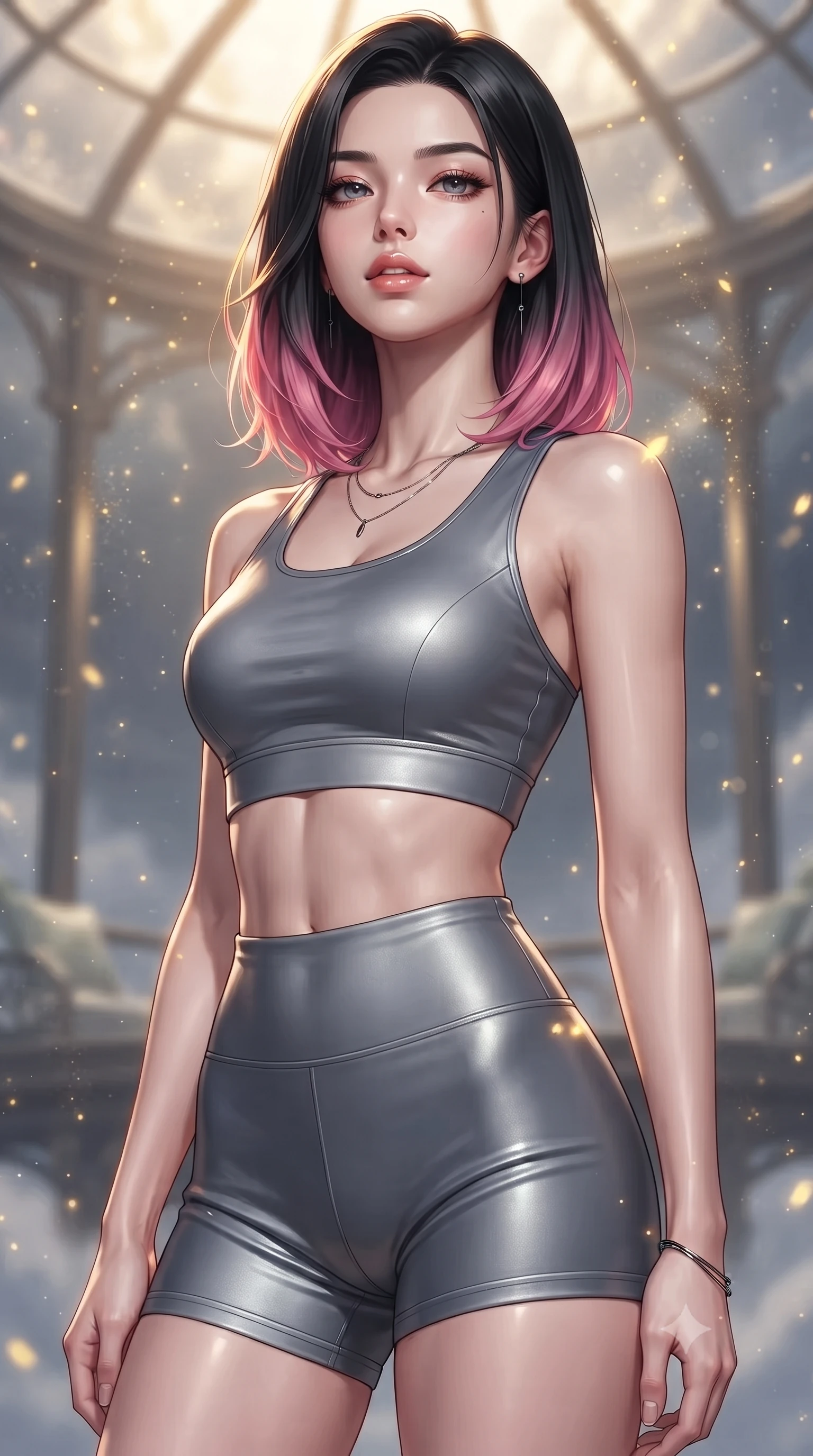score_9, masterpiece, best quality, ultra-detailed, high-budget anime keyframe, editorial fashion photography, tasteful artistic composition, Korean woman. close-up cowboy shot from the waist and thighs up, the character dominates the composition, filling the frame with her large presence, background elements kept in soft focus. tilting her chin up slightly with lips parted in a composed, provocative expression the background shows a soft-focus a floating glass veranda surrounded by drifting golden stardust particles. She has an exceptionally elegant, slender, and willowy female figure with an ultra-slim waist, a gracefully sculpted slender torso, and a refined silhouette. sharp v-shaped jawline, high-bridge nose, intricate jewel-like eyes with depth, thick eyelashes, glossy lips with a natural sheen. wearing a tailored body-hugging athletic crop top and high-waisted shorts set in slate grey. warm golden stardust light casting glowing highlights on her hair and outfit. ultra-reflective glossy finish, specular highlights, metallic sheen, high-contrast stereoscopic depth, volumetric dynamic lighting, 2k, ultra detail, master piece, 9:16 ratio