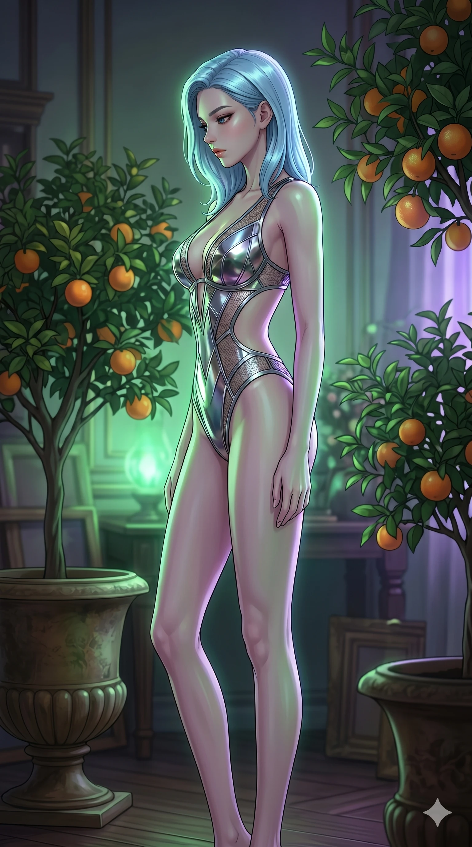 score_9, masterpiece, best quality, ultra-detailed, high-budget anime keyframe, editorial fashion photography, tasteful artistic composition, Korean woman. cowboy shot from the thighs up, character and outfit filling the frame for maximum editorial presence. standing in a sharp profile pose, looking down with a composed expression inside an art studio with orange trees (Code-P17-133). She has an absolutely perfect 8-heads proportion, an exceptionally tall and slender female figure with impossibly long slender legs and an ultra-slim waist. V-shaped jawline, high-bridge nose, intricate jewel-like eyes with depth, thick eyelashes, glossy lips with a natural sheen. wearing a metallic bodysuit with side cutouts and plunging neck. soft green and violet bioluminescent ambient light, creating a mystical, glowing atmosphere. 2k, ultra detail, master piece, 9:16 ratio