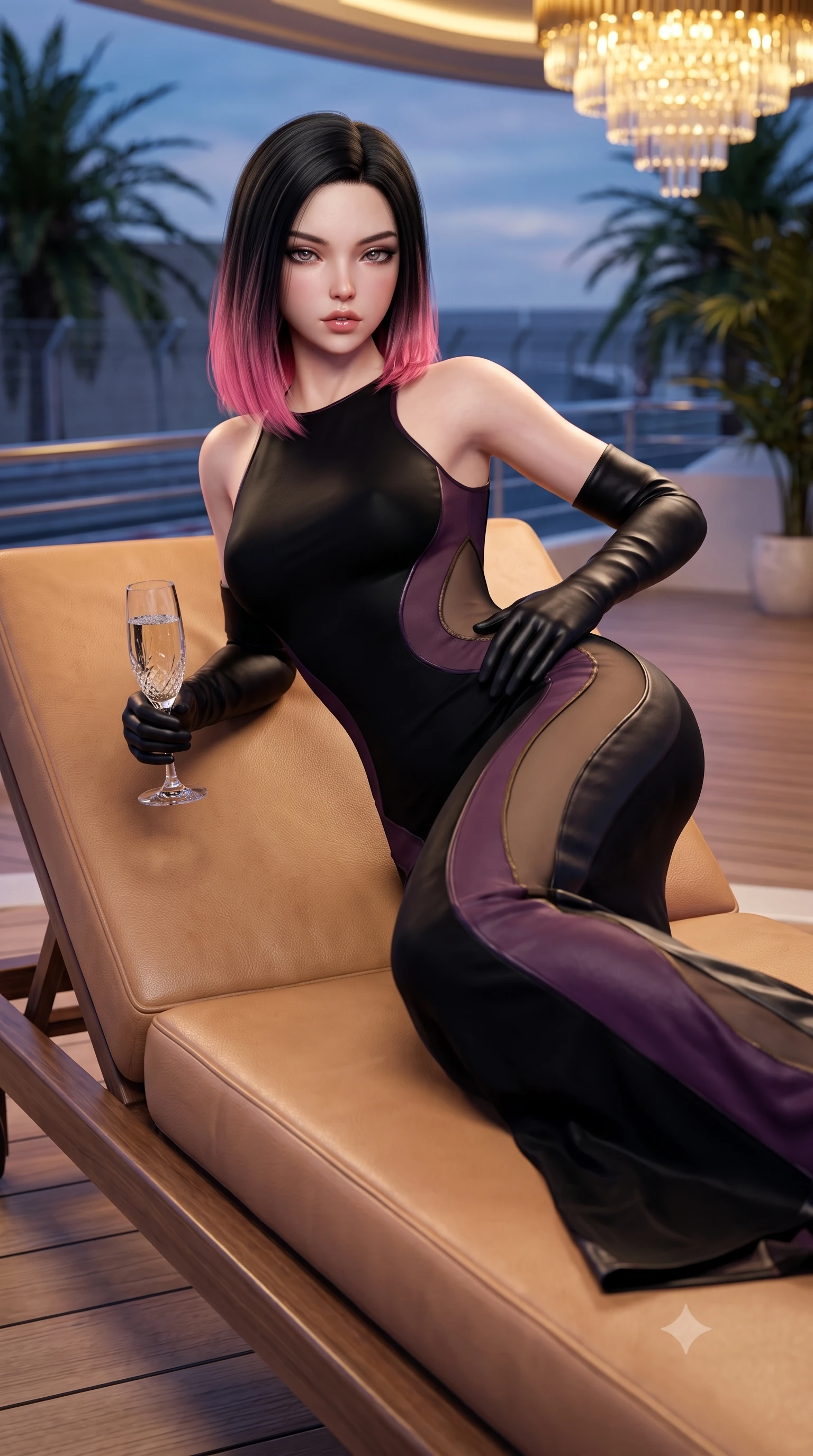 score_9, masterpiece, best quality, ultra-detailed, high-budget anime keyframe, semi-realistic 3D game render, editorial fashion photography, tasteful artistic composition, Korean woman. close-up cowboy shot from the waist and thighs up, the character dominates the composition, filling the frame with her large presence. resting one manicured hand delicately on her hip bone, her upper body turning in a fluid, seductive S-curve while parted lips glisten in the light while lounging languidly across an outdoor leather yacht lounger, one leg extended and torso propped on one elbow to accentuate her sweeping hip line. The composition keeps background elements in soft focus with creamy bokeh. grand prix circuit barriers and terrace palm trees softened in glamorous shallow focus. She has an exceptionally elegant, slender, and willowy female figure with an ultra-slim waist, a gracefully sculpted slender torso, toned flat midriff, and rounded feminine hips creating an alluring hourglass silhouette. sharp v-shaped jawline, high-bridge nose, intricate jewel-like eyes with depth, thick eyelashes, glossy parted lips with a natural sheen, intensely captivating and seductive bedroom-eyes expression, flawlessly proportioned anatomical accuracy, strict slender model proportions, natural body alignment, perfectly sculpted long slender limbs, ultra-slim waistline, clean dynamic posture without body distortion. wearing a second-skin black silk jersey maxi dress with asymmetrical sheer mesh side panels tracing the full curve of her hip in deep plum violet and antique bronze, crafted from second-skin supple lambskin leather with specular sheen, accessorized with opera-length black satin gloves and a vintage crystal champagne flute, the glove-like aerodynamic silhouette tightly following the natural contour of her hips and long slender legs with statuesque precision. bathed in opulent golden casino chandelier light and cool Mediterranean twilight ambient fill. highly saturated vibrant anime colors, detailed shading with soft gradients, rich glossy textures, high-contrast stereoscopic depth, volumetric dynamic lighting, master piece, 9:16 ratio