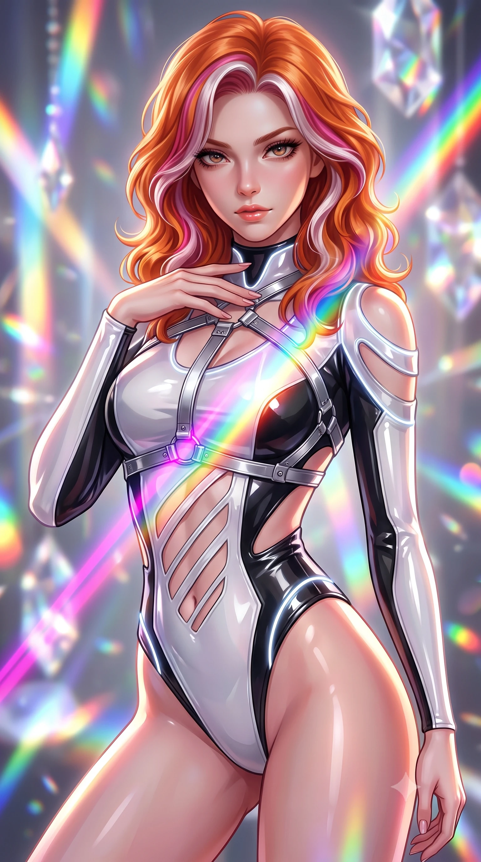 score_9, masterpiece, best quality, ultra-detailed, high-budget anime keyframe, semi-realistic 3D game render, editorial fashion photography, tasteful artistic composition, Caucasian woman. close-up cowboy shot from the waist and thighs up, the character dominates the composition, filling the frame with her large presence. leaning forward with a dangerous, enticing smolder, resting one hand near her collarbone while casting a fiery, magnetic direct gaze while twisting her upper body in a dynamic S-curve as brilliant magenta, cyan, and yellow prism beams cross her chest. The composition keeps background elements in soft focus with creamy bokeh. vibrant rainbow spectrum light beams and crystal facets blurred into dazzling prismatic bokeh. She has an exceptionally elegant, slender, and willowy female figure with an ultra-slim waist, a gracefully sculpted slender torso, toned flat midriff, and a refined slim silhouette. sharp v-shaped jawline, high-bridge nose, intricate jewel-like eyes with depth, thick eyelashes, glossy lips with a natural sheen, flawlessly proportioned anatomical accuracy, strict slender model proportions, natural body alignment, perfectly sculpted long slender limbs, ultra-slim waistline, clean dynamic posture without body distortion. wearing an ultra-sleek high-cut tech-bodysuit featuring dangerous diagonal slitted cutouts on the midriff and shoulders, reinforced by a metallic silver harness and sheer mesh sleeves in high-gloss monochrome white and sharp black contrast, tailored from semi-translucent cybernetic vinyl with glowing micro-filaments, accented with glowing fiber-optic seams tracing her collarbones and hip curves, the liquid-tight tailored fabric emphasizing every curve of her tall, slender model proportions and sculptured silhouette during dynamic movement. surrounded by a hyper-creative, radiant, and fiercely chic modern fashion editorial aura. highly saturated vibrant anime colors, detailed shading with soft gradients, rich glossy textures, high-contrast stereoscopic depth, volumetric dynamic lighting, master piece, 9:16 ratio