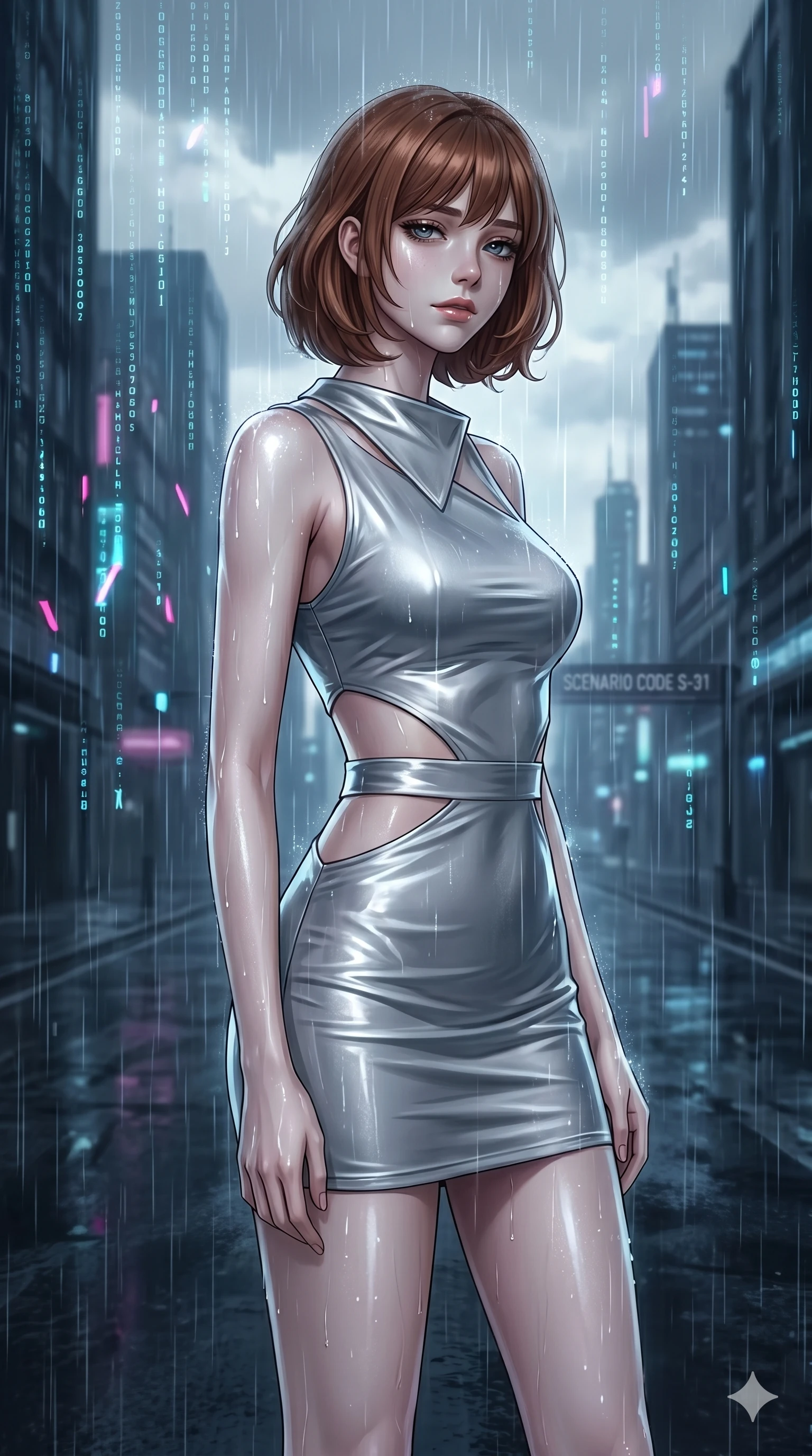 score_9, masterpiece, best quality, ultra-detailed, high-budget anime keyframe, editorial fashion photography, tasteful artistic composition, Caucasian woman, strictly human ears. cowboy shot from the thighs up, character and outfit filling the frame for maximum editorial presence. looking sidelong at the viewer with a melancholy, weary half-smile that doesn't reach her eyes standing under pouring digital rain in a dark, empty street of a neo-city (Scenario Code S-31). She has an absolutely perfect 8-heads proportion, an exceptionally tall and slender female figure with impossibly long slender legs and an ultra-slim waist. V-shaped jawline, high-bridge nose, intricate jewel-like eyes with depth, thick eyelashes, glossy lips with a natural sheen. wearing a liquid silver jersey dress with an asymmetric collar and bold waist cutout lines. bathed in soft, cold ambient daylight filtering through the clouds, highlighting her pale skin. 2k, ultra detail, master piece, 9:16 ratio