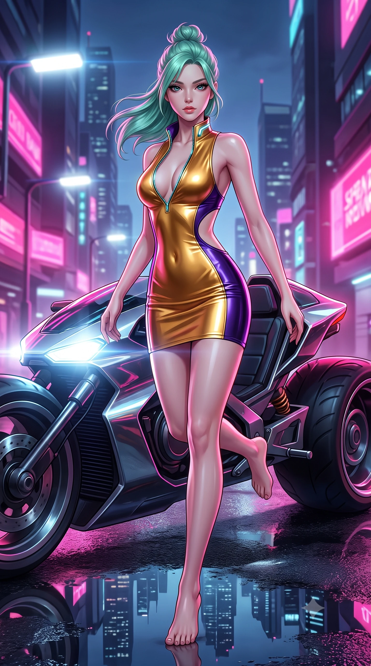 score_9, masterpiece, best quality, ultra-detailed, high-budget anime keyframe, semi-realistic 3D game render, editorial fashion photography, tasteful artistic composition, Japanese woman. low angle full-body shot from head to toe showing her feet, filling the entire 9:16 vertical frame with her statuesque presence, stretching her vertical silhouette. pivoting dynamically in mid-motion with a breathtakingly alluring posture, displaying her flawless model proportions and ultra-slim waist while stepping gracefully from a futuristic speeder onto wet asphalt with city skyline reflections below. The surrounding environment is rendered in vivid detail and crisp panoramic clarity. high-contrast automotive reflections and sleek modern technological lines captured with environmental sharpness. She has an absolutely perfect, statuesque 8.5-heads proportion, an exceptionally tall and slender model-like female figure with impossibly long slender legs and an ultra-slim waist. sharp v-shaped jawline, high-bridge nose, intricate jewel-like eyes with depth, thick eyelashes, glossy lips with a natural sheen, flawlessly proportioned anatomical accuracy, natural body alignment, perfectly sculpted elegant limbs, clean dynamic posture without body distortion. wearing a second-skin fashion-latex mini dress with a clean architectural front, featuring an open-back design that wraps around the sides of her waist, showcasing her slender silhouette in lustrous molten gold and pure deep violet, made of liquid metal jersey that clings flawlessly to every contour of her build, featuring a dangerously unzipped neckline framed by glowing cybernetic accents, the glove-like fit tightly following every curve of her statuesque athletic build. bathed in intense white automotive headlight beams and vibrant neon pink city reflections. highly saturated vibrant anime colors, detailed shading with soft gradients, rich glossy textures, high-contrast stereoscopic depth, volumetric dynamic lighting, master piece, 9:16 ratio