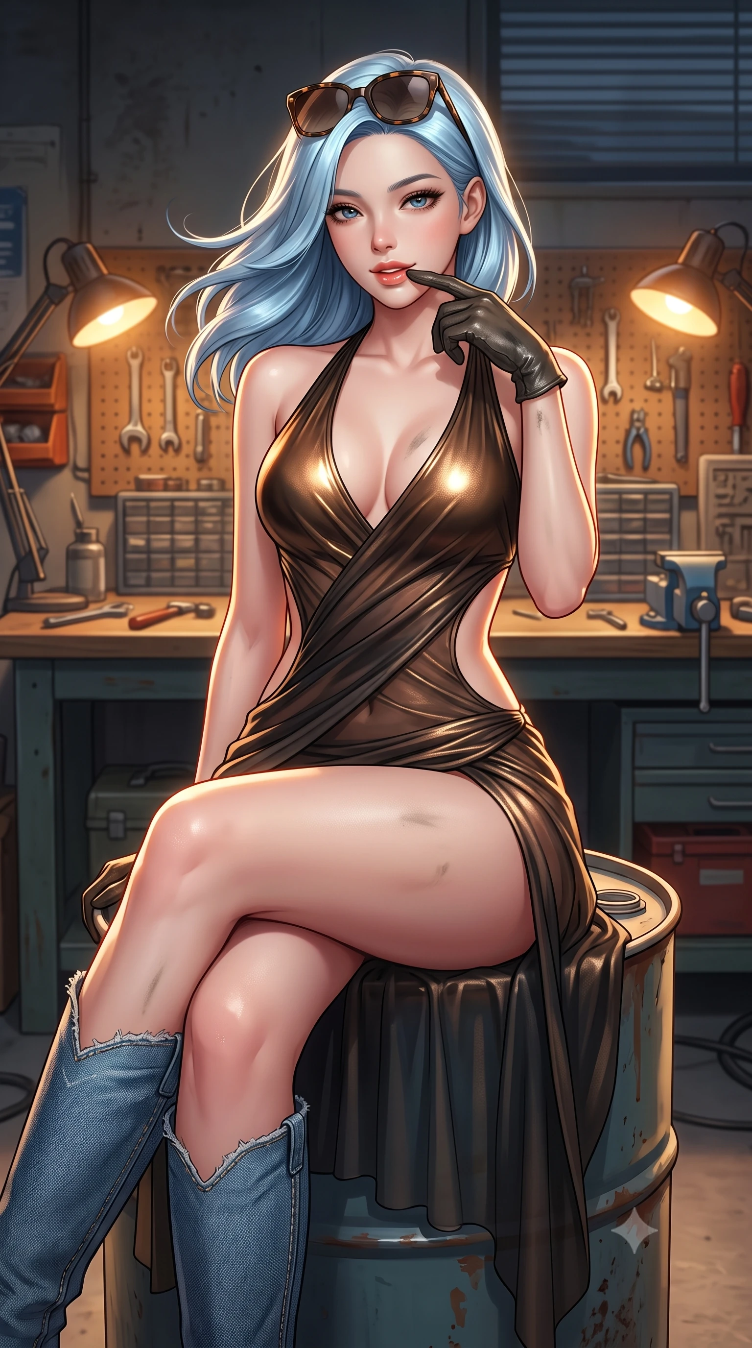 score_9, masterpiece, best quality, ultra-detailed, high-budget anime keyframe, semi-realistic 3D game render, editorial fashion photography, tasteful artistic composition, Korean woman. close-up cowboy shot from the waist and thighs up, the character dominates the composition, filling the frame with her large presence. turning slowly with an enchanting smoldering smile, her glossy hair tossing in the breeze as her hips angle gracefully in a captivating contrapposto while perched sideways on an oil drum with legs crossed, resting a greasy gloved finger near her glossy parted lips with playful allure. The surrounding environment is rendered in vivid detail and crisp panoramic clarity: detailed cut-off denim texture, subtle smudge on skin, and authentic workshop craftsmanship in high resolution. She has an exceptionally elegant, slender, and willowy female figure with an ultra-slim waist, flat toned midriff, narrow ribcage, and sculpted feminine hips creating an alluring, slim hourglass silhouette without bulk. sharp v-shaped jawline, high-bridge nose, sparkling eyes with hypnotic seductive depth, thick curled eyelashes, glossy parted lips with a natural dewy peach sheen, alluring bedroom-eyes with an enchanting coquettish smile, exuding magnetic siren charisma and sophisticated glamour, flawlessly proportioned anatomical accuracy, strict slender model proportions, natural body alignment, perfectly sculpted long slender limbs, ultra-slim waistline, clean dynamic posture without body distortion. wearing a liquid metallic lamé one-piece swim dress clinging like a second skin with hip-high side cutouts in metallic liquid bronze and Mojave obsidian black, made of sheer gossamer chiffon that drapes softly against skin with airy translucence, complemented by oversized designer tortoiseshell sunglasses resting atop her head, the high-slit wrap tailoring accentuating her ultra-slim waistline and the enchanting curve of her feminine hips with alluring seductive charm. illuminated by chrome tool reflections and sharp warm-amber rim lights sculpting her jawline, narrow waist, and curvy hips. highly saturated vibrant anime colors, detailed shading with soft gradients, rich glossy textures, high-contrast stereoscopic depth, volumetric dynamic lighting, master piece, 9:16 ratio