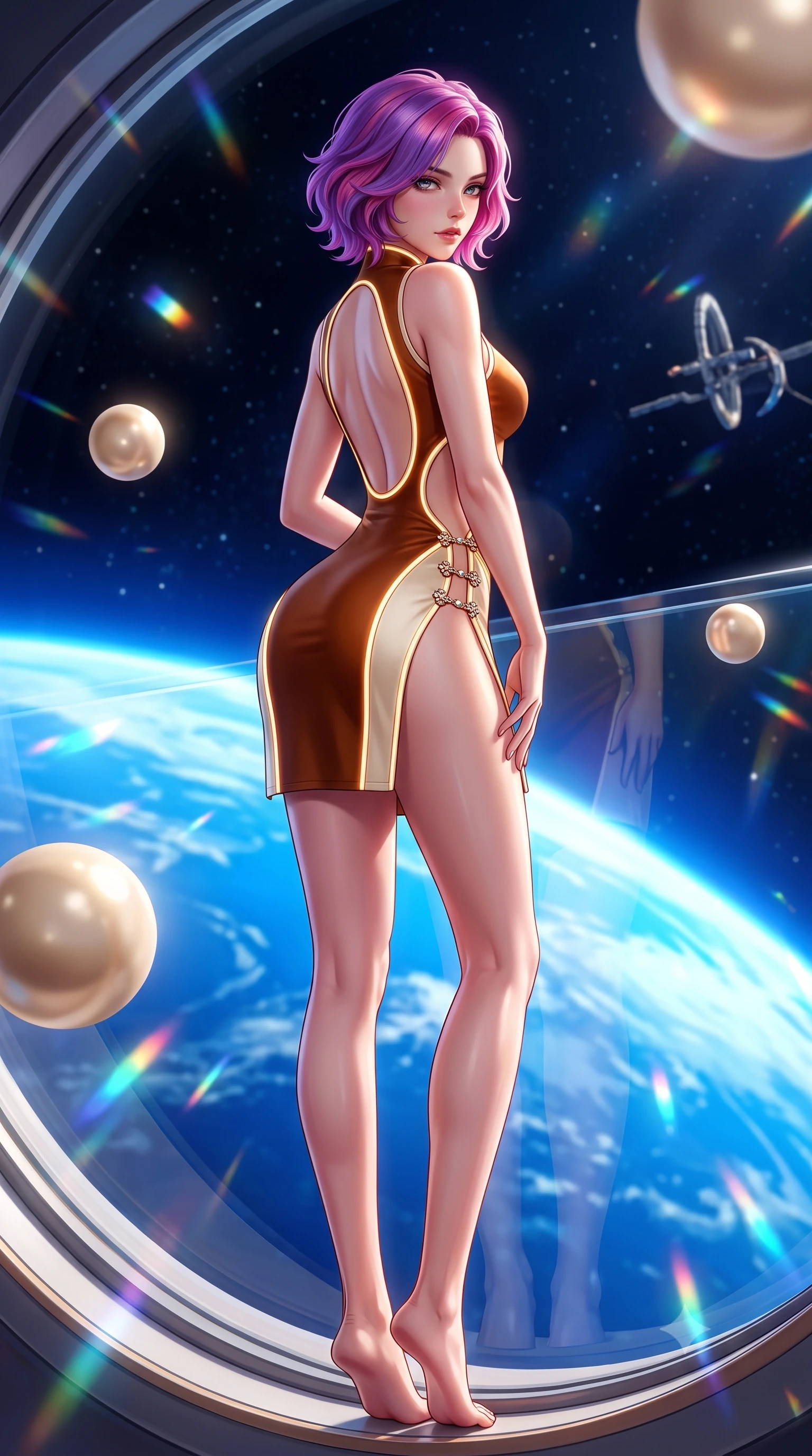 score_9, masterpiece, best quality, ultra-detailed, high-budget anime keyframe, semi-realistic 3D game render, editorial fashion photography, tasteful artistic composition, Caucasian woman. low angle full-body shot from head to toe showing her feet, filling the entire 9:16 vertical frame with her statuesque presence, stretching her vertical silhouette. posing with back turned slightly to the lens, glancing back with smoldering allure as she arches her lower back to emphasize her sculpted feminine hips and slender waist while leaning forward against the massive curved panoramic viewport overlooking the brilliant blue curve of Earth, hips cocked back in an intoxicating zero-gravity posture. The composition keeps background elements in soft focus with creamy bokeh. floating zero-gravity champagne spheres and prism reflections scattering radiant celestial light motes. She has an exceptionally tall and slender model-like 8.5-heads proportion, an ultra-slim waist, a flat toned midriff, narrow delicate ribcage, and beautifully sculpted feminine hips creating a graceful, slim hourglass silhouette without any bulky heaviness, with impossibly long slender legs. sharp v-shaped jawline, high-bridge nose, intricate jewel-like eyes with depth, thick eyelashes, glossy parted lips with a natural sheen, intensely captivating and seductive bedroom-eyes expression, flawlessly proportioned anatomical accuracy, strict slender model proportions, natural body alignment, perfectly sculpted long slender limbs, ultra-slim waistline, clean dynamic posture without body distortion. wearing a modernized cyber-qipao mini dress with an ultra-high side slit ascending to the hip and glowing piping in rich equestrian cognac brown and crisp champagne cream, tailored from liquid silk jersey adhering flawlessly to her slender build, finished with an ultra-high side slit secured by miniature jeweled clasps, the precision-cut side openings and low-back scoop framing her graceful spine and the sensual sweep of her slim, toned hips. surrounded by a celestial, sovereign, and breathlessly magnificent orbital empress aura. highly saturated vibrant anime colors, detailed shading with soft gradients, rich glossy textures, high-contrast stereoscopic depth, volumetric dynamic lighting, master piece, 9:16 ratio