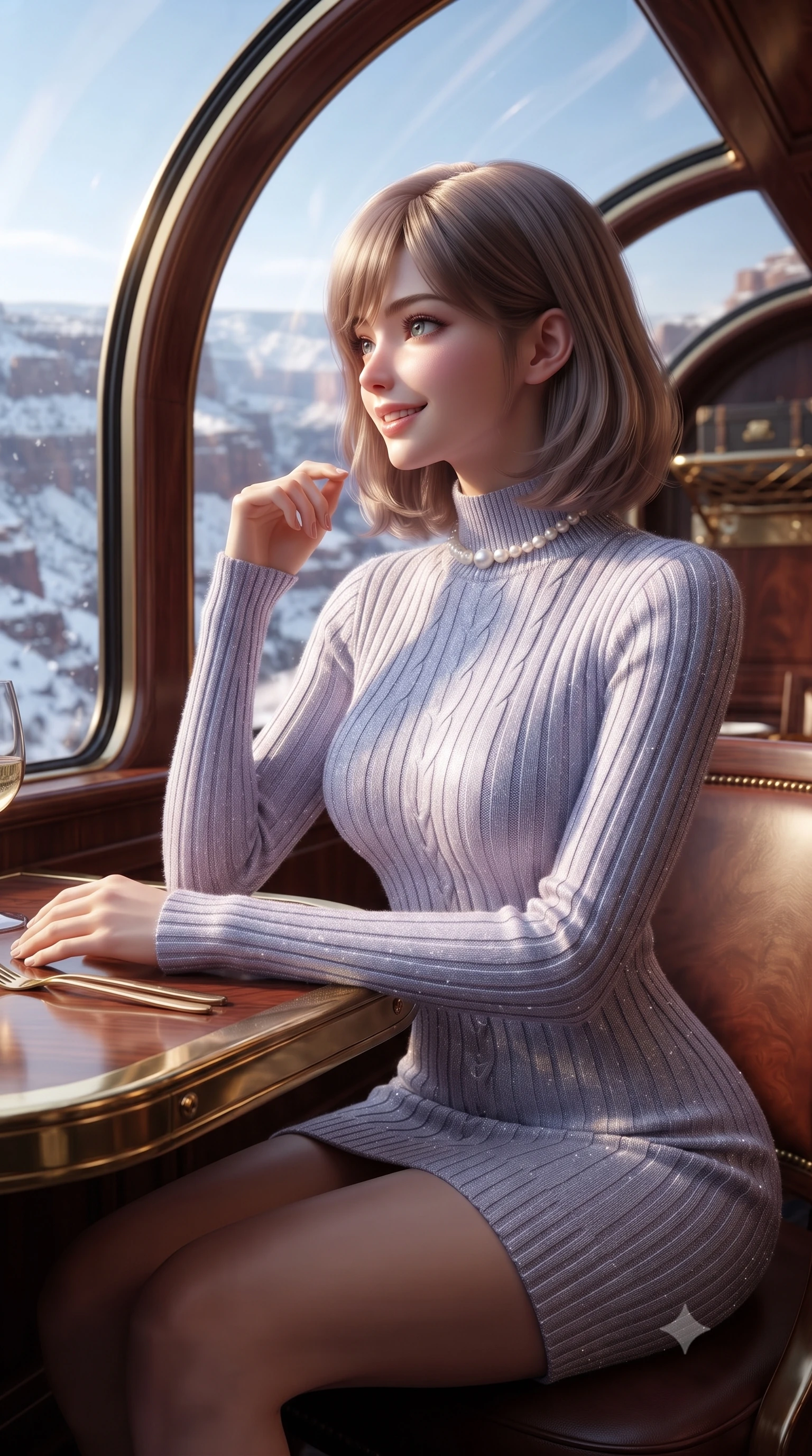 score_9, masterpiece, best quality, ultra-detailed, high-budget anime keyframe, editorial fashion photography, tasteful artistic composition, Caucasian woman. close-up cowboy shot from the waist and thighs up, the character dominates the composition, filling the frame with her large presence. turning in an alluring three-quarter profile with head tilted, her glossy parted lips and jewel-like eyes catching the warm light while sitting poised at the brass-trimmed wood dining table beneath the curved glass ceiling, watching snow canyons sweep past with an enchanted smile. The surrounding environment is rendered in vivid detail and crisp panoramic clarity: sharp curved glass window reflections, polished cherrywood veneer grain, and engraved brass luggage rack joints in deep focus. She has an exceptionally elegant, slender, and willowy female figure with an ultra-slim waist, flat toned midriff, narrow ribcage, and sculpted feminine hips creating an alluring, slim hourglass silhouette without bulk. sharp v-shaped jawline, high-bridge nose, intricate jewel-like sparkling eyes with depth, thick eyelashes, glossy parted lips with a natural peach sheen, bright cheerful beaming smile with an enchanting and coquettish sensual glint, exuding both youthful cute charm and seductive allure, flawlessly proportioned anatomical accuracy, strict slender model proportions, natural body alignment, perfectly sculpted long slender limbs, ultra-slim waistline, clean dynamic posture without body distortion. wearing a sculpted cable-ribbed cashmere bodycon sweater dress with long fitted sleeves and a snug mock-neck tracing her slender silhouette in frosted mountain lavender and shimmering ice silver, crafted from fluid liquid velvet offering rich tactile depth while adhering to her hourglass shape, complemented by an antique baroque pearl choker accentuating her delicate neck and collarbones, the snug waist-cinching tailoring accentuating her ultra-slim waistline and the enchanting curve of her feminine hips with alluring seductive charm. illuminated by cherrywood interior reflection fill and sharp silver-gold rim lights defining her razor-sharp jawline and willowy silhouette. ultra-reflective glossy finish, specular highlights, rich textural contrasts, high-contrast stereoscopic depth, volumetric dynamic lighting, 2k, ultra detail, master piece, 9:16 ratio