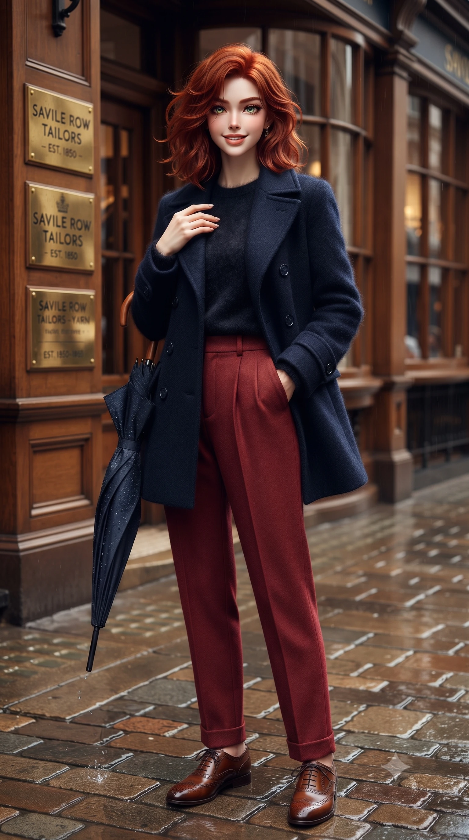 score_9, masterpiece, best quality, ultra-detailed, high-budget anime keyframe, editorial fashion photography, tasteful artistic composition, Korean woman. close-up cowboy shot from the waist and thighs up, the character dominates the composition, filling the frame with her large presence. resting one hand gracefully on her tailored blazer lapel while looking into the camera with bright, sparkling eyes while pausing in front of the warm bay window of a heritage Savile Row tailor shop, one hand slipped gracefully into her tailored coat pocket. The surrounding environment is rendered in vivid detail and crisp panoramic clarity: sharp cobblestone pavement textures, fine water droplets beading on umbrella fabric, and brass shopfront plaques in deep focus. She has an exceptionally elegant, slender, and willowy female figure with an ultra-slim waist, flat toned midriff, narrow ribcage, and sculpted feminine hips creating an alluring, slim hourglass silhouette without bulk. sharp v-shaped jawline, high-bridge nose, intricate jewel-like sparkling eyes with depth, thick eyelashes, glossy parted lips with a natural peach sheen, bright cheerful beaming smile with an enchanting and coquettish sensual glint, exuding both youthful cute charm and seductive allure, flawlessly proportioned anatomical accuracy, strict slender model proportions, natural body alignment, perfectly sculpted long slender limbs, ultra-slim waistline, clean dynamic posture without body distortion. wearing a navy tailored wool peacoat with anchor buttons layered over a soft merino wool sweater and pressed pleated slacks in Kyoto autumn maple crimson and deep ink black, woven from plush alpaca yarn with a cloud-like fuzzy texture and soft halo, complemented by classic polished leather oxfords with brogue perforations, the streamlined silhouette following her natural slender proportions with sophisticated poise, enhancing her tall willowy presence. illuminated by wet pavement specular reflections and crisp silver-amber rim lights accentuating her tall slender frame and cheekbones. ultra-reflective glossy finish, specular highlights, rich textural contrasts, high-contrast stereoscopic depth, volumetric dynamic lighting, 2k, ultra detail, master piece, 9:16 ratio