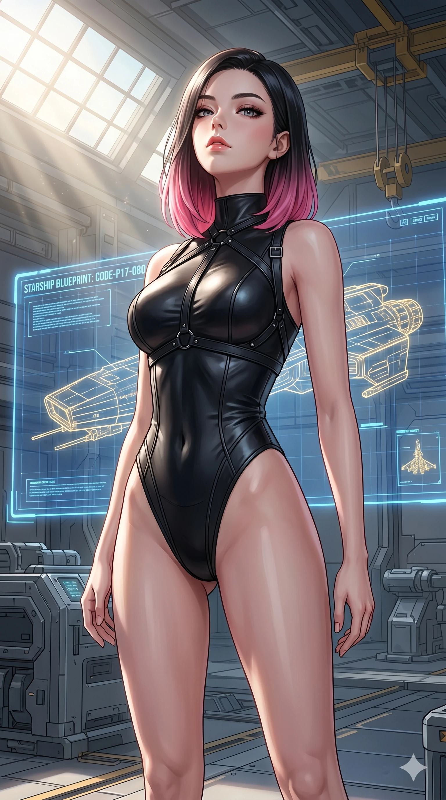 score_9, masterpiece, best quality, ultra-detailed, high-budget anime keyframe, editorial fashion photography, tasteful artistic composition, Korean woman. cowboy shot from the thighs up, character and outfit filling the frame for maximum editorial presence. tilting her head back slightly with a confident and powerful expression in a high-tech hangar bay with a holographic blueprint of a starship (Code-P17-080). She has an absolutely perfect 8-heads proportion, an exceptionally tall and slender female figure with impossibly long slender legs and an ultra-slim waist. V-shaped jawline, high-bridge nose, intricate jewel-like eyes with depth, thick eyelashes, glossy lips with a natural sheen. wearing a sleek leather bodysuit with high-cut leg lines and an elegant harness. drenched in soft morning sunbeams flowing from a high window, creating a serene mood. 2k, ultra detail, master piece, 9:16 ratio