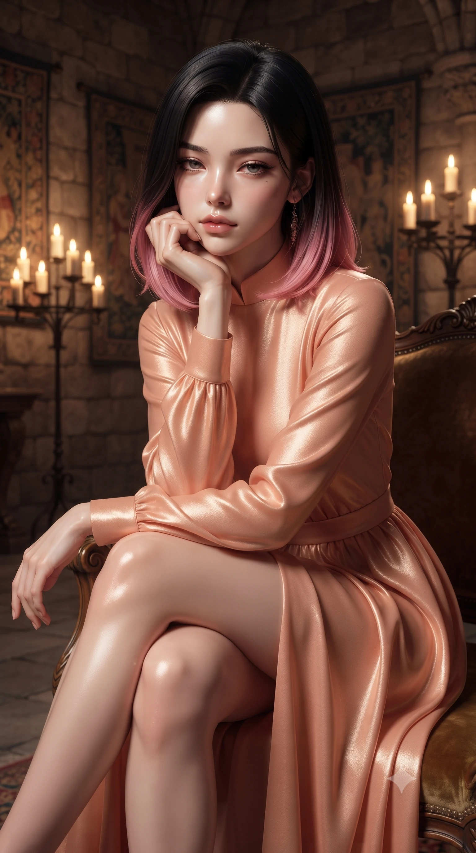 score_9, masterpiece, best quality, ultra-detailed, high-budget anime keyframe, editorial fashion photography, tasteful artistic composition, Korean woman woman. close-up cowboy shot from the waist and thighs up, the character dominates the composition, filling the frame with her large presence, background elements kept in soft focus. resting her chin on the backs of her fingers, casting a heavy-lidded, sultry look past the camera the background shows a soft-focus an old stone castle chamber with tapestries and candle stands. She has an exceptionally elegant, slender, and willowy female figure with an ultra-slim waist, a gracefully sculpted slender torso, and a refined silhouette. sharp v-shaped jawline, high-bridge nose, intricate jewel-like eyes with depth, thick eyelashes, glossy lips with a natural sheen. wearing a tailored flowy peach-colored chiffon lounge gown with long sleeves and a modest high collar. warm flickering candle lights casting dramatic shadows on the stone walls. ultra-reflective glossy finish, specular highlights, metallic sheen, high-contrast stereoscopic depth, volumetric dynamic lighting, 2k, ultra detail, master piece, 9:16 ratio