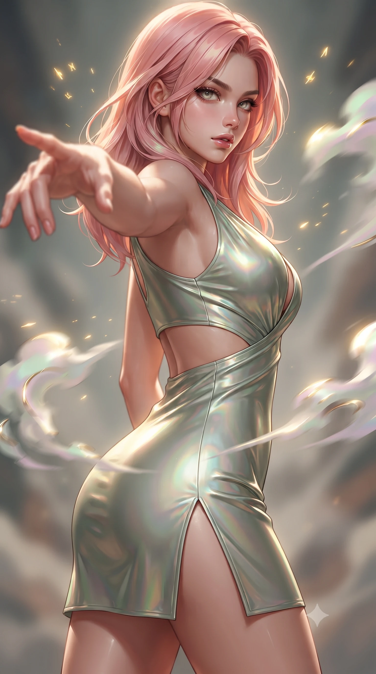 score_9, masterpiece, best quality, ultra-detailed, high-budget anime keyframe, editorial fashion photography, tasteful artistic composition, Japanese woman. close-up cowboy shot from the waist and thighs up, the character dominates the composition, filling the frame with her large presence, background elements kept in soft focus. Pivoting sharply while looking back over her shoulder with heavy lashes and a confident, intense gaze while pivoting dynamically with one hand extending toward the viewer in a power pose, pastel-colored steam clouds scattering bright metallic highlights. She has an exceptionally elegant, slender, and willowy female figure with an ultra-slim waist, a gracefully sculpted slender torso, and a refined silhouette. sharp v-shaped jawline, high-bridge nose, intricate jewel-like eyes with depth, thick eyelashes, glossy lips with a natural sheen, flawlessly proportioned anatomical accuracy, natural body alignment, perfectly sculpted elegant limbs, clean dynamic posture without body distortion. wearing a liquid mercury gloss mini dress with ultra-deep V-neck and waist cutouts in sage green and oatmeal, crafted from iridescent chiffon that shifts colors in the light, finished with a sleek side slit ascending to mid-thigh, the tailored fabric tightly following every curve of her athletic build. illuminated by golden alchemy rune radiance and dramatic top key light. ultra-reflective glossy finish, specular highlights, metallic sheen, high-contrast stereoscopic depth, volumetric dynamic lighting, 2k, ultra detail, master piece, 9:16 ratio