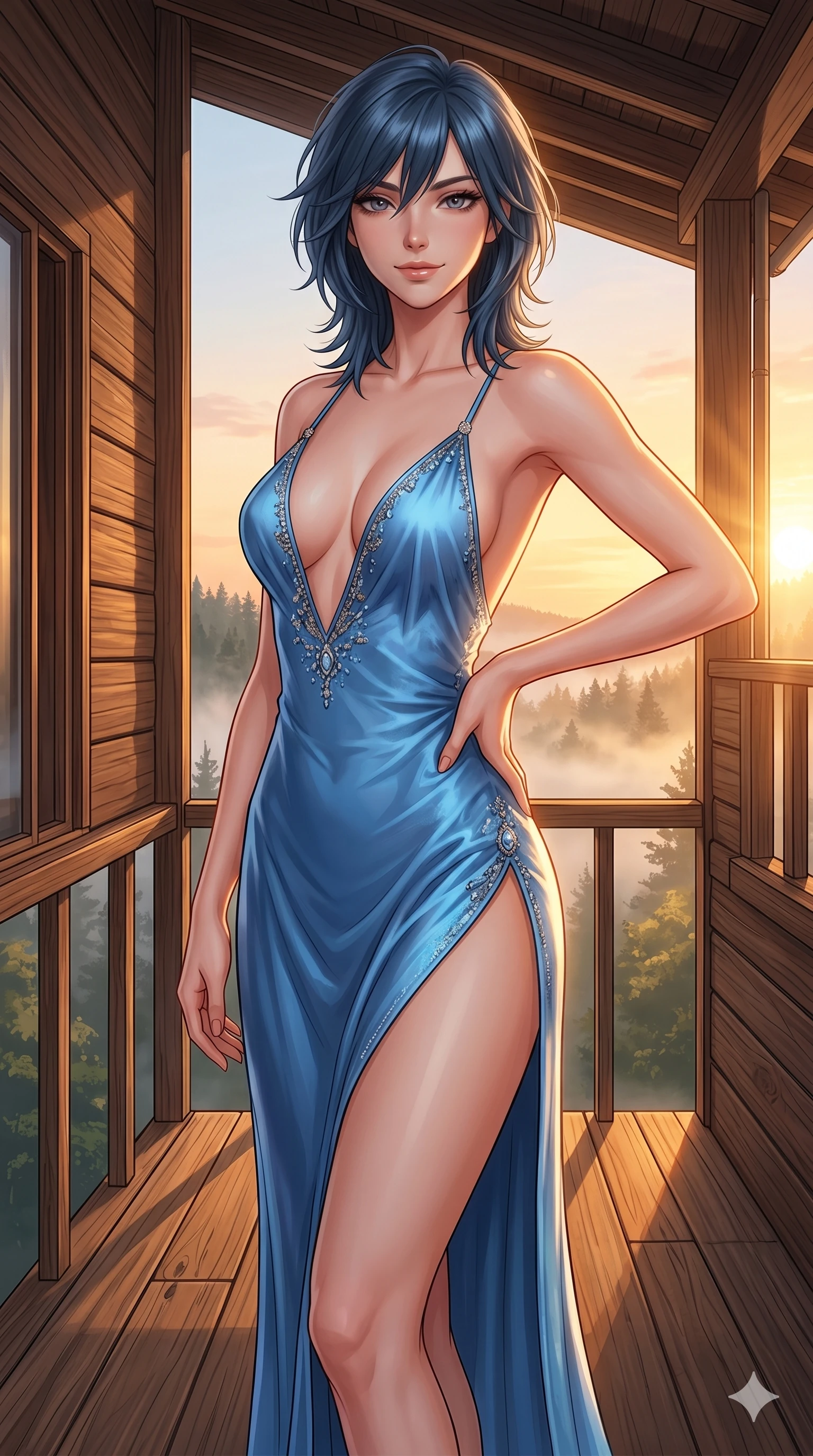 score_9, masterpiece, best quality, ultra-detailed, high-budget anime keyframe, editorial fashion photography, tasteful artistic composition, Caucasian woman, strictly human ears. cowboy shot from the thighs up, character and outfit filling the frame for maximum editorial presence. resting one hand on the curve of her hip, arching her back gracefully with a confident, bedroom-eyes smile on a secluded wooden sun-terrace of a forest cabin at dawn with morning mist rising (Code-P053). She has an absolutely perfect 8-heads proportion, an exceptionally tall and slender female figure with impossibly long slender legs and an ultra-slim waist. V-shaped jawline, high-bridge nose, intricate jewel-like eyes with depth, thick eyelashes, glossy lips with a natural sheen. wearing a lightweight blue silk slip dress with an ultra-deep plunging neckline and a high side slit. bathed in warm, golden sunset light pouring through the windows, casting a warm glowing aura over her. 2k, ultra detail, master piece, 9:16 ratio