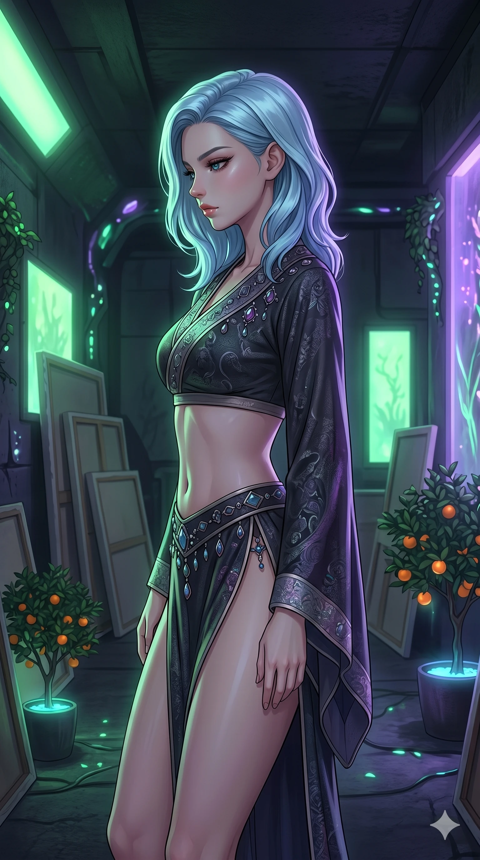 score_9, masterpiece, best quality, ultra-detailed, high-budget anime keyframe, editorial fashion photography, tasteful artistic composition, Korean woman. cowboy shot from the thighs up, character and outfit filling the frame for maximum editorial presence. standing in a sharp profile pose, looking down with a cool, composed expression inside an art studio with canvases and orange trees (Code-P17-083). She has an absolutely perfect 8-heads proportion, an exceptionally tall and slender female figure with impossibly long slender legs and an ultra-slim waist. V-shaped jawline, high-bridge nose, intricate jewel-like eyes with depth, thick eyelashes, glossy lips with a natural sheen. wearing a fusion kimono with an exposed midriff and high slit skirt. soft green and violet bioluminescent ambient light, creating a mystical, glowing atmosphere. 2k, ultra detail, master piece, 9:16 ratio