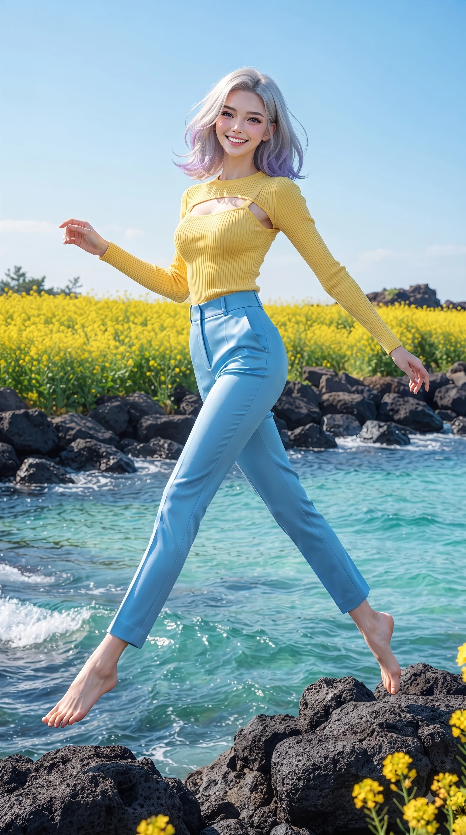 score_9, masterpiece, best quality, ultra-detailed, high-budget anime keyframe, editorial fashion photography, tasteful artistic composition, Caucasian woman. low angle full-body shot from head to toe showing her feet, filling the entire 9:16 vertical frame with her statuesque presence, stretching her vertical silhouette. leaping with pure youthful energy through the scene with a radiant bright smile, her long slender legs balanced gracefully while pivoting gracefully on dark volcanic basalt rocks as clear turquoise ocean waves lap nearby. The surrounding environment is rendered in vivid detail and crisp panoramic clarity. blooming yellow canola flower fields, basalt sea rocks, and turquoise ocean water in deep focus. She has an absolutely perfect, statuesque 8.5-heads proportion, an exceptionally tall and slender model-like female figure with impossibly long slender legs and an ultra-slim waist. sharp v-shaped jawline, high-bridge nose, intricate jewel-like eyes with depth, thick eyelashes, glossy lips with a natural sheen, flawlessly proportioned anatomical accuracy, natural body alignment, perfectly sculpted elegant limbs, clean dynamic posture without body distortion. wearing a form-contouring ribbed knit top paired with high-waisted tailored stretch trousers in sunny canary yellow and clear sky blue, crafted from smooth liquid silk satin, complemented by clean architectural cutouts along her slender torso, the glove-like fit emphasizing her statuesque silhouette during motion. bathed in bright tropical sunshine and glittering ocean water refractions. ultra-reflective glossy finish, specular highlights, metallic sheen, high-contrast stereoscopic depth, volumetric dynamic lighting, 2k, ultra detail, master piece, 9:16 ratio