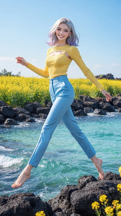 score_9, masterpiece, best quality, ultra-detailed, high-budget anime keyframe, editorial fashion photography, tasteful artistic composition, Caucasian woman. low angle full-body shot from head to toe showing her feet, filling the entire 9:16 vertica