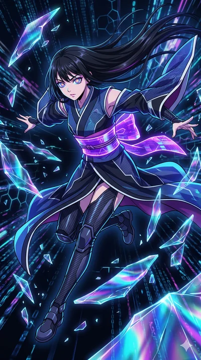 score_9, masterpiece, best quality, ultra-detailed, Set A: High-budget Anime Keyframe, Korean woman. Low angle cowboy shot filling the entire 9:16 frame with her statuesque presence. Leaping through a virtual reality void, while her eyes glow with 15