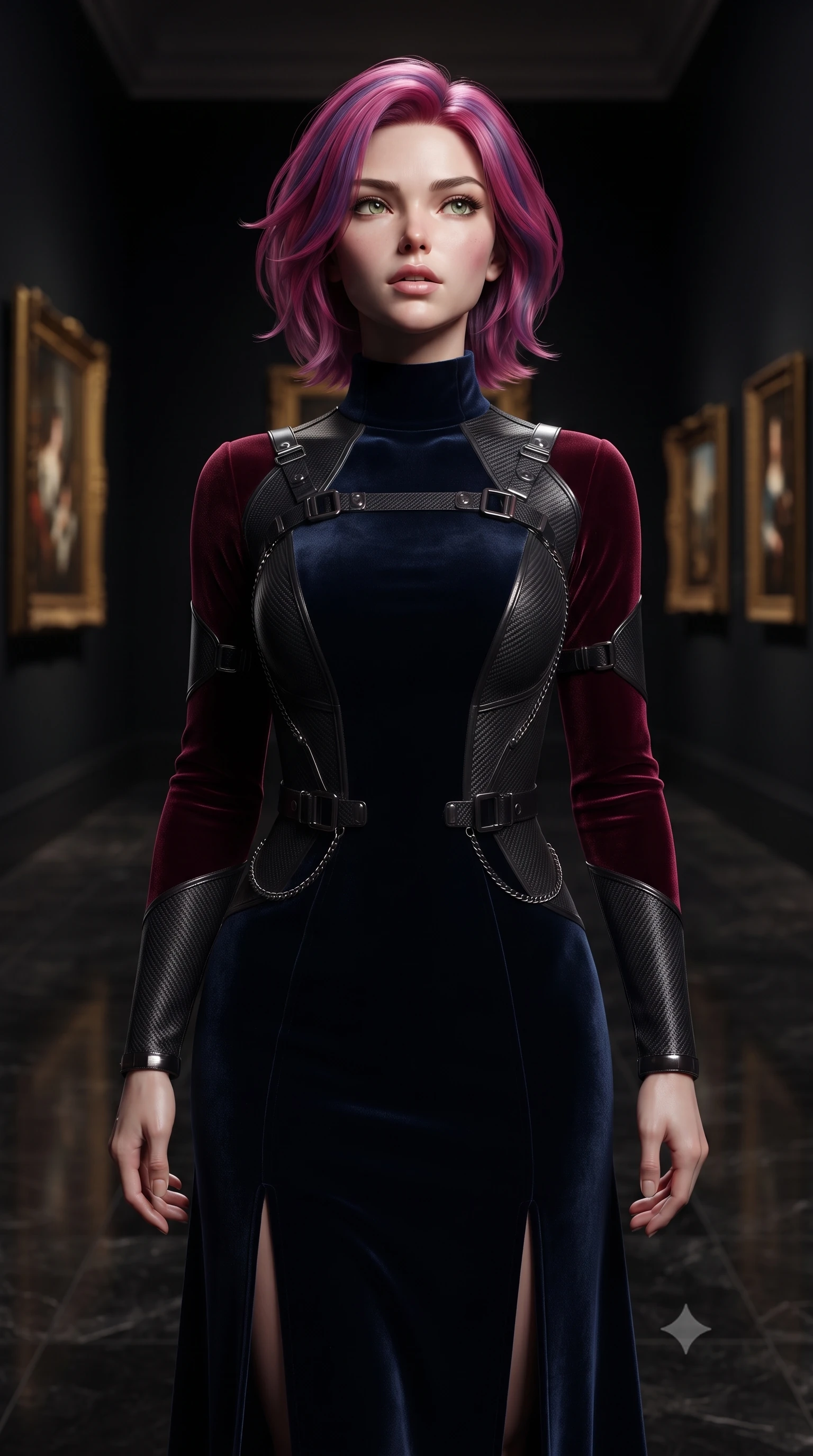 score_9, masterpiece, best quality, ultra-detailed, high-budget anime keyframe, editorial fashion photography, tasteful artistic composition, Caucasian woman. close-up cowboy shot from the waist and thighs up, the character dominates the composition, filling the frame with her large presence, background elements kept in soft focus. Tilting her chin up slightly with lips parted in a composed, magnetic expression, navigating a dimly lit gallery corridor with gold-framed masterwork paintings, polished granite floor creating a dark mirror reflection of her posture. She has an exceptionally elegant, slender, and willowy female figure with an ultra-slim waist, a gracefully sculpted slender torso, and a refined silhouette. sharp v-shaped jawline, high-bridge nose, intricate jewel-like eyes with depth, thick eyelashes, glossy lips with a natural sheen. wearing floor-length high-neck midnight navy velvet gown with long sleeves in deep crimson burgundy, made of matte carbon-fiber weave, framed by dark titanium buckles and silver chain details, sculpting her athletic slender build with refined precision. surrounded by deep obsidian shadows swallowing background elements. ultra-reflective glossy finish, specular highlights, metallic sheen, high-contrast stereoscopic depth, volumetric dynamic lighting, 2k, ultra detail, master piece, 9:16 ratio