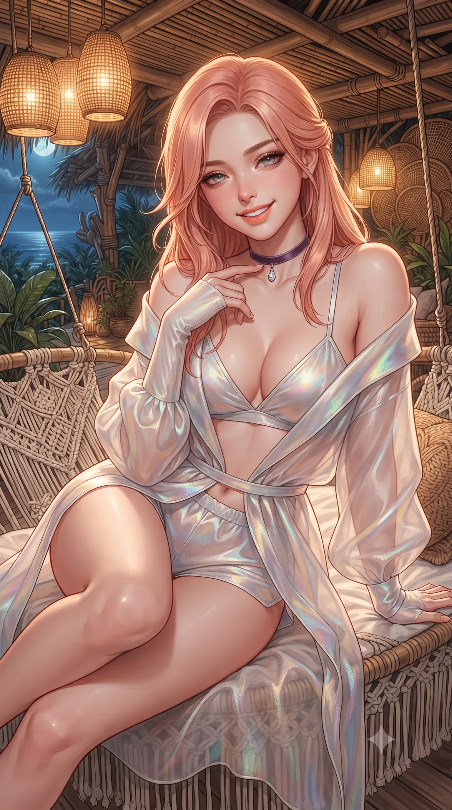 score_9, masterpiece, best quality, ultra-detailed, high-budget anime keyframe, editorial fashion photography, tasteful artistic composition, Japanese woman. close-up cowboy shot from the waist and thighs up, the character dominates the composition, filling the frame with her large presence. resting one elbow on the table and supporting her chin, leaning close to the camera with heavy-lidded sparkling eyes and parted lips while lounging in the hanging macramé daybed propped on one elbow with legs crossed, running one manicured hand slowly down her collarbone with magnetic allure. The surrounding environment is rendered in vivid detail and crisp panoramic clarity: detailed outfit texture, delicate trims, and sustainable avant-garde Tulum architecture in high resolution. She has an exceptionally elegant, slender, and willowy female figure with an ultra-slim waist, flat toned midriff, narrow ribcage, and sculpted feminine hips creating an alluring, slim hourglass silhouette without bulk. sharp v-shaped jawline, high-bridge nose, intricate jewel-like sparkling eyes with depth, thick eyelashes, glossy parted lips with a natural peach sheen, bright cheerful beaming smile with an enchanting and coquettish sensual glint, exuding both youthful cute charm and seductive allure, flawlessly proportioned anatomical accuracy, strict slender model proportions, natural body alignment, perfectly sculpted long slender limbs, ultra-slim waistline, clean dynamic posture without body distortion. wearing a sheer silk organza modern caftan robe worn loose and slipping off bare shoulders over a matching satin bralette and micro-shorts in iridescent mother-of-pearl and liquid molten silver, crafted from translucent silk organza with an ethereal crystalline sheen, finished with a thin velvet ribbon choker and a single teardrop diamond pendant, the glove-like clinging cut tightly following the natural contour of her hips and long slender legs with youthful 8.5-heads elegance. bathed in the warm radiant 2400K illumination of hanging woven rattan lanterns mixed with cool Caribbean moonlight. ultra-reflective glossy finish, specular highlights, rich textural contrasts, high-contrast stereoscopic depth, volumetric dynamic lighting, 2k, ultra detail, master piece, 9:16 ratio