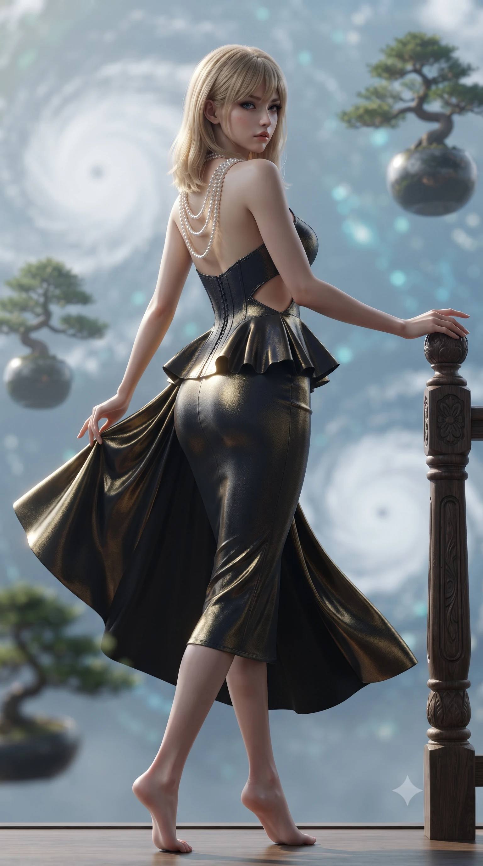 score_9, masterpiece, best quality, ultra-detailed, high-budget anime keyframe, editorial fashion photography, tasteful artistic composition, Japanese woman. low angle full-body shot from head to toe showing her feet, filling the entire 9:16 vertical frame with her statuesque presence, stretching her vertical silhouette. executing an elegant mid-motion pivot turn as garments swirl around her slender limbs, glancing over her shoulder with an intoxicating bedroom-gaze while leaning against a carved cedar post overlooking floating bonsai spheres, casting a serene, alluring bedroom-gaze through atmospheric haze. The composition keeps background elements in soft focus with creamy bokeh. swirling white cloud typhoons on Earth and distant orbital star clusters blurred into ethereal sapphire, turquoise, and pearl bokeh. She has an exceptionally tall and slender model-like 8.5-heads proportion, an ultra-slim waist, a flat toned midriff, narrow delicate ribcage, and beautifully sculpted feminine hips creating a graceful, slim hourglass silhouette without any bulky heaviness, with impossibly long slender legs. sharp v-shaped jawline, high-bridge nose, intricate jewel-like eyes with depth, thick eyelashes, glossy parted lips with a natural sheen, intensely captivating and seductive bedroom-eyes expression, flawlessly proportioned anatomical accuracy, strict slender model proportions, natural body alignment, perfectly sculpted long slender limbs, ultra-slim waistline, clean dynamic posture without body distortion. wearing a modern peplum corset dress with side-waist diamond cutouts and an ultra-tight silhouette in midnight obsidian black and liquid gold, crafted from luxurious metallic lamé that shifts radiance with every step, accented with a multi-strand pearl back necklace cascading down her bare spine to her hips, the second-skin form-contouring cut accentuating her sculpted flat midriff, narrow delicate ribcage, and gracefully curvy hips with supermodel precision. illuminated by gentle directional sunlight sculpting her sculpted collarbones, ultra-slim waist, and curvy hips. ultra-reflective glossy finish, specular highlights, rich textural contrasts, high-contrast stereoscopic depth, volumetric dynamic lighting, 2k, ultra detail, master piece, 9:16 ratio