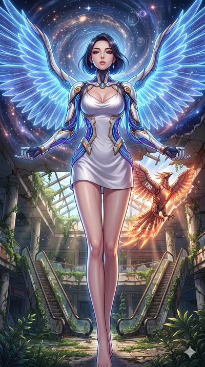 score_9, masterpiece, best quality, ultra-detailed, Set A: High-budget Anime Keyframe, Korean woman. Low angle cowboy shot filling the entire 9:16 frame with her statuesque presence. Theme: Historical Remix. meditating in a ruined overgrown shopping 