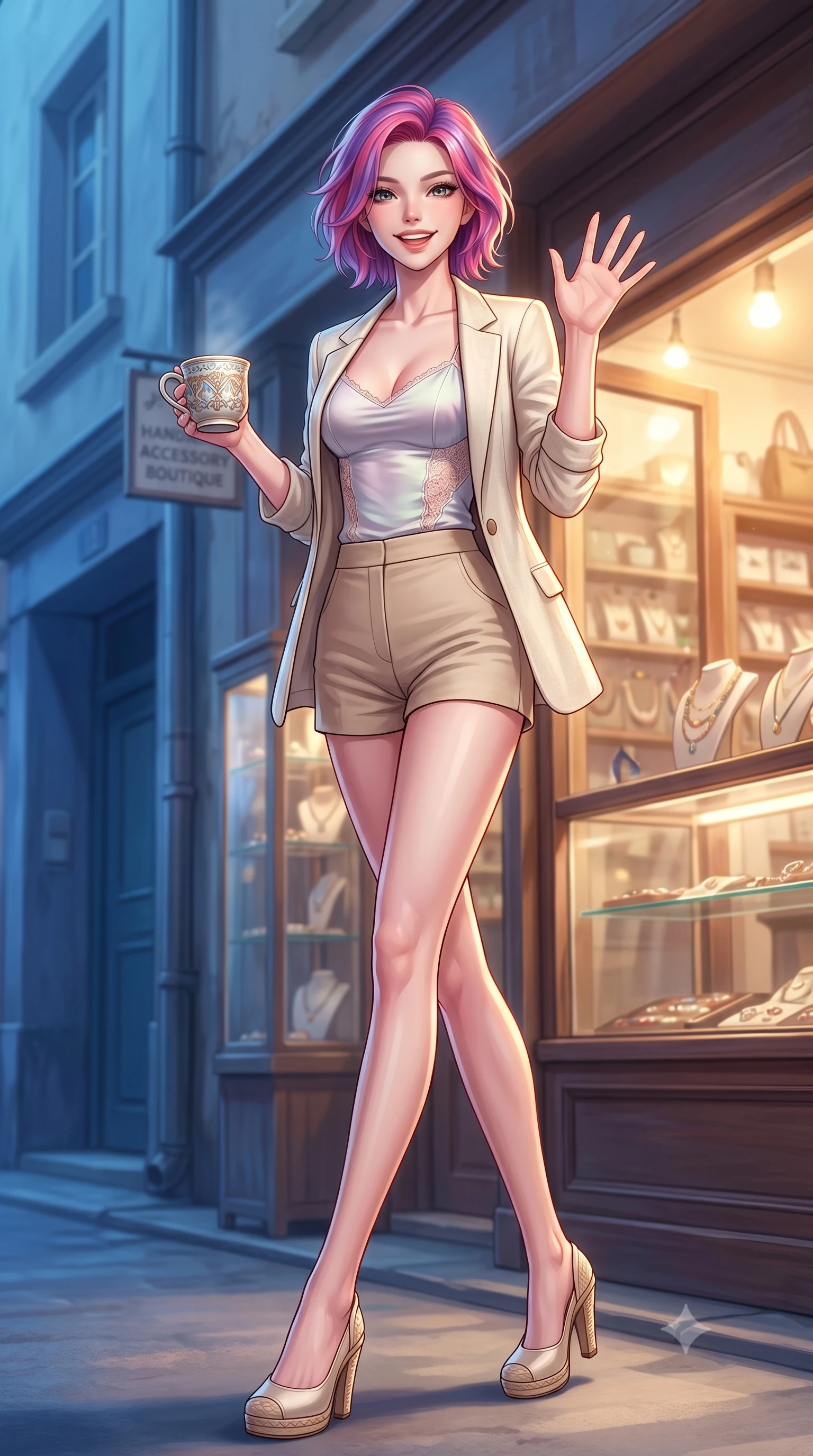 score_9, masterpiece, best quality, ultra-detailed, high-budget anime keyframe, editorial fashion photography, tasteful artistic composition, Caucasian woman. low angle full-body shot from head to toe showing her feet, filling the entire 9:16 vertical frame with her statuesque presence, stretching her vertical silhouette. stepping forward with a bright, cheerful smile, waving happily at the viewer set against a soft-focus background of in front of a small handmade accessory boutique with glass showcases holding a delicate handmade ceramic mug with a warm grin. She has an absolutely perfect, statuesque 8.5-heads proportion, an exceptionally tall and slender model-like female figure with impossibly long slender legs and an ultra-slim waist. sharp v-shaped jawline, high-bridge nose, intricate jewel-like eyes with depth, thick eyelashes, glossy lips with a natural sheen. wearing body-hugging delicate silk camisole with lace panels and a tailored blazer worn open over form-contouring shorts. warm glow from the shop windows clashing with the cool blue alley shadows. highly saturated vibrant anime colors, detailed shading with soft gradients, rich glossy textures, high-contrast stereoscopic depth, volumetric dynamic lighting, master piece, 9:16 ratio