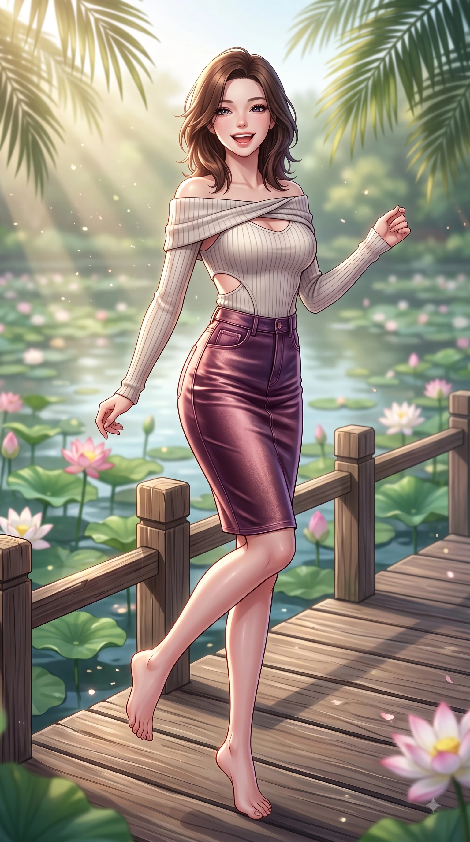 score_9, masterpiece, best quality, ultra-detailed, high-budget anime keyframe, editorial fashion photography, tasteful artistic composition, Korean woman. low angle full-body shot from head to toe showing her feet, filling the entire 9:16 vertical frame with her statuesque presence, stretching her vertical silhouette. performing a cheerful mid-motion turn with flawless poise, her radiant smile capturing fresh girlhood energy while pivoting gracefully on a wooden bridge over a lotus pond catching morning sunbeams. The composition keeps background elements in soft focus with dreamy bokeh. sunbeams filtering through palm leaves scattering soft background light motes. She has an absolutely perfect, statuesque 8.5-heads proportion, an exceptionally tall and slender model-like female figure with impossibly long slender legs and an ultra-slim waist. sharp v-shaped jawline, high-bridge nose, intricate jewel-like eyes with depth, thick eyelashes, glossy lips with a natural sheen, flawlessly proportioned anatomical accuracy, natural body alignment, perfectly sculpted elegant limbs, clean dynamic posture without body distortion. wearing a sleek off-shoulder ribbed sweater paired with a high-waisted fitted denim pencil skirt in rich plum purple and rose gold, made of lustrous stretch velvet, complemented by clean architectural cutouts along her slender torso, the elegant draped fit framing her graceful clavicle and slender torso. illuminated by fresh botanical sunbeams casting delicate leaf patterns. highly saturated vibrant anime colors, detailed shading with soft gradients, rich glossy textures, high-contrast stereoscopic depth, volumetric dynamic lighting, master piece, 9:16 ratio