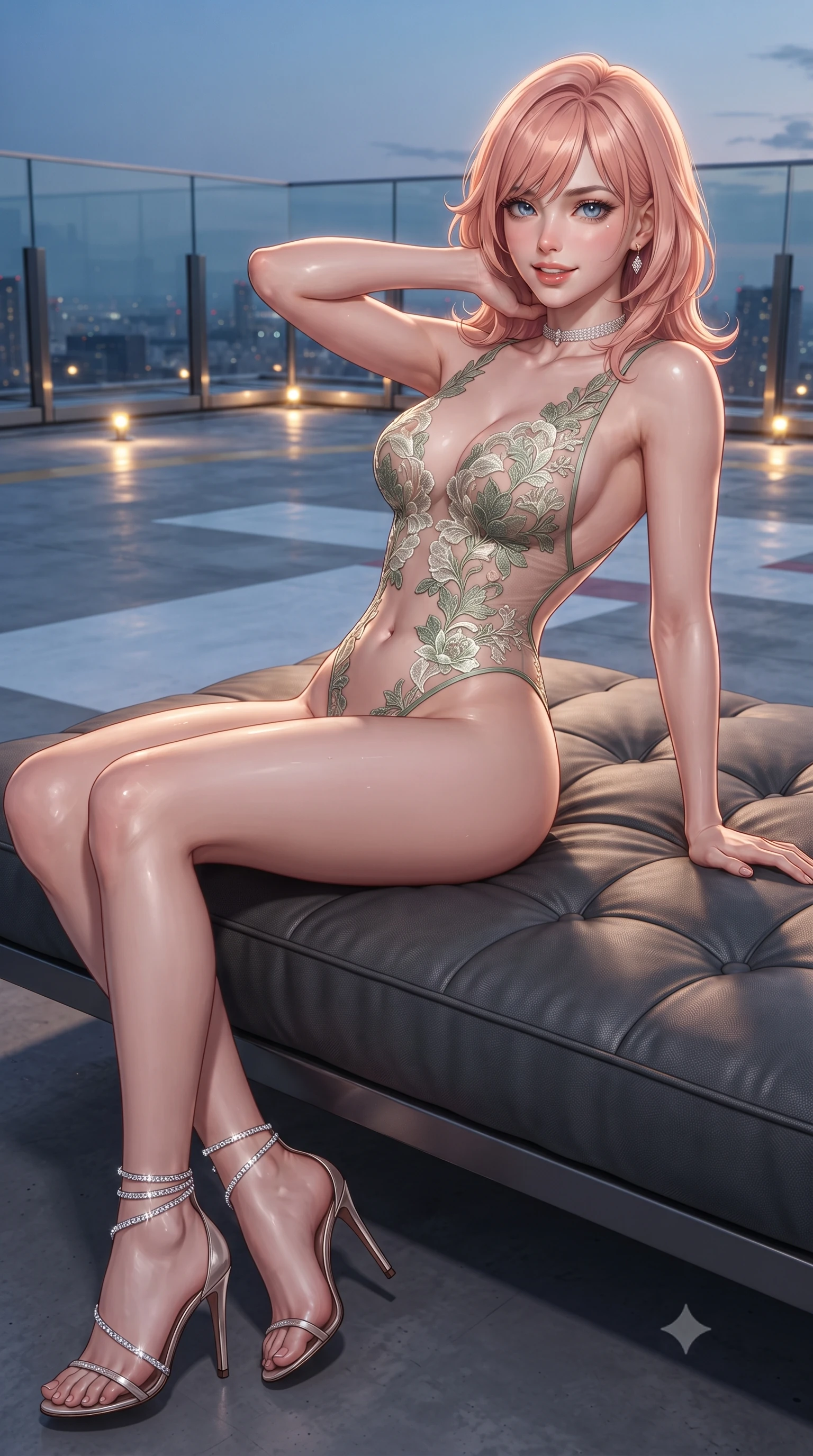 score_9, masterpiece, best quality, ultra-detailed, high-budget anime keyframe, editorial fashion photography, tasteful artistic composition, Japanese woman. close-up cowboy shot from the waist and thighs up, the character dominates the composition, filling the frame with her large presence. resting both hands lightly behind her neck with elbows raised, arching her spine to highlight her narrow waist, flat midriff, and breathtaking collarbones while lounging on a weather-resistant daybed under the rooftop canopy propped on one elbow, casting a dangerous, seductive half-smile. The surrounding environment is rendered in vivid detail and crisp panoramic clarity: detailed wet-look leatherette jumpsuit cling, diamond choker shine, and high-rise structural engineering in high resolution. She has an exceptionally elegant, slender, and willowy female figure with an ultra-slim waist, flat toned midriff, narrow ribcage, and sculpted feminine hips creating an alluring, slim hourglass silhouette without bulk. sharp v-shaped jawline, high-bridge nose, sparkling eyes with hypnotic seductive depth, thick curled eyelashes, glossy parted lips with a natural dewy peach sheen, alluring bedroom-eyes with an enchanting coquettish smile, exuding magnetic siren charisma and sophisticated glamour, flawlessly proportioned anatomical accuracy, strict slender model proportions, natural body alignment, perfectly sculpted long slender limbs, ultra-slim waistline, clean dynamic posture without body distortion. wearing a backless stretch lace botanical leotard with high-cut leg openings and delicate floral embroidery framing her spine in botanical sage green and pure pearlescent ivory with rose trims, made of semi-opaque stretch illusion mesh with soft shadowy contours, complemented by strappy stiletto sandals with crystal ankle wraps accentuating her slender calves, the glove-like clinging cut tightly following the natural contour of her hips and long slender legs with youthful 8.5-heads elegance. bathed in golden helipad perimeter beacon lights combined with sudden lightning flash strobes. ultra-reflective glossy finish, specular highlights, rich textural contrasts, high-contrast stereoscopic depth, volumetric dynamic lighting, 2k, ultra detail, master piece, 9:16 ratio