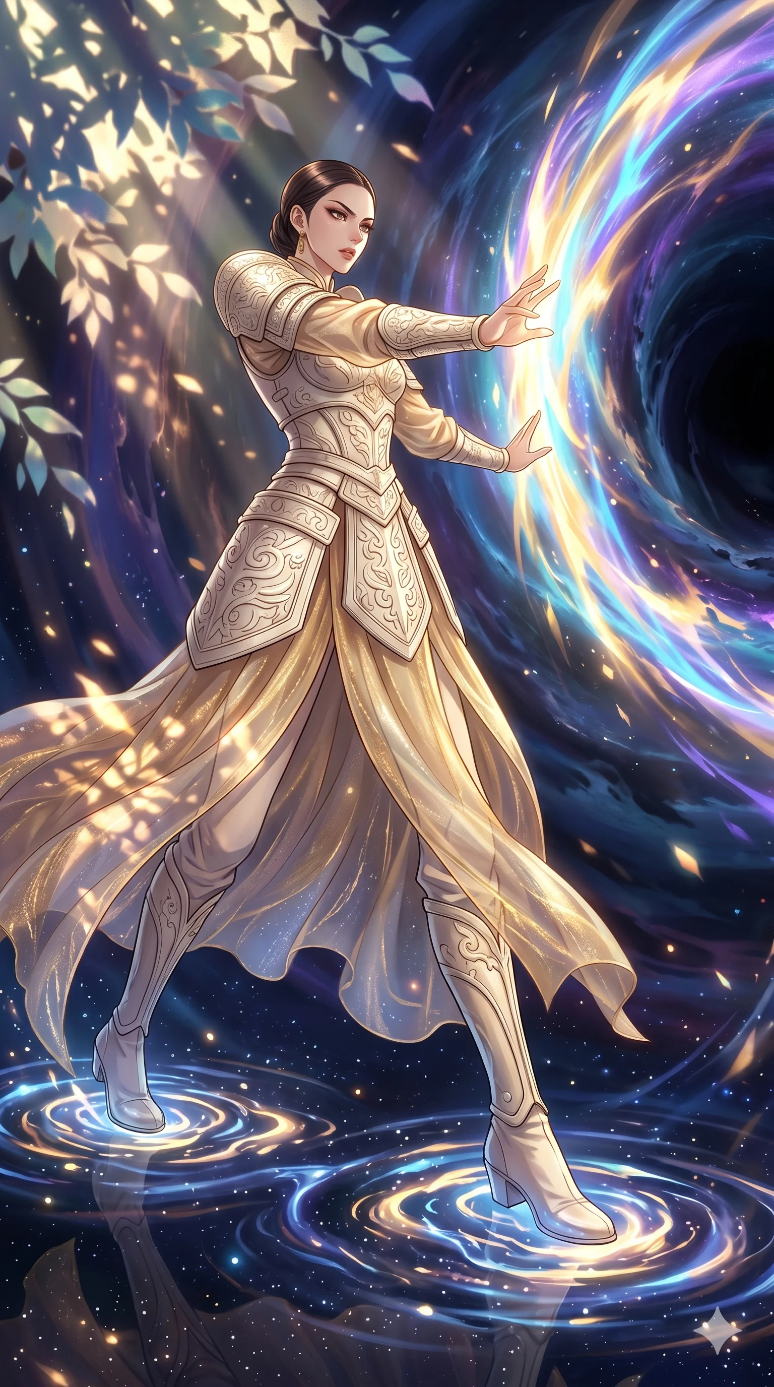score_9, masterpiece, best quality, ultra-detailed, Set A: High-budget Anime Keyframe, Korean woman. Low angle cowboy shot filling the entire 9:16 frame with her statuesque presence. Theme: Historical Remix. unleashing a massive energy wave in the edge of a black hole, as she steps on ripples of time that distort the space 21. The atmosphere is filled with cinematic sunlight through leaves. She has an absolutely perfect 8-heads proportion, an exceptionally tall and slender female figure with impossibly long slender legs and an ultra-slim waist. Sharp v-shaped jawline, high-bridge nose, intricate jewel-like eyes with depth, glossy lips. Wearing Ornate ivory-carved plate armor over a sheer gold-thread silk gown. Cinematic lighting, vivid colors, dramatic shadows, 2k, ultra detail, master piece, 9:16 ratio