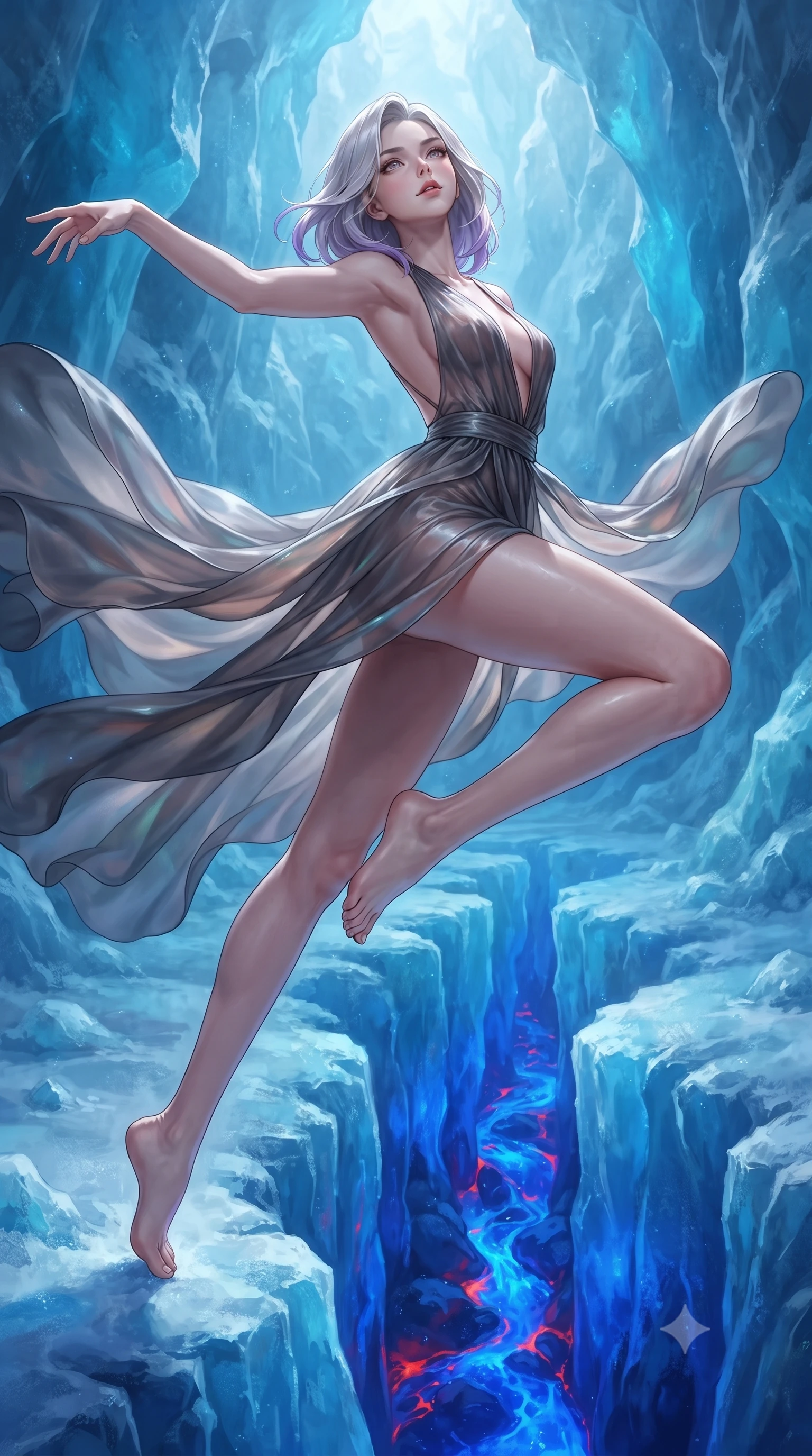 score_9, masterpiece, best quality, ultra-detailed, high-budget anime keyframe, editorial fashion photography, tasteful artistic composition, Caucasian woman. low angle full-body shot from head to toe showing her feet, filling the entire 9:16 vertical frame with her statuesque presence, stretching her vertical silhouette. leaping gracefully through the environment with statuesque elegance and long slender legs standing beside a glacial fissure flowing with hot glowing cobalt blue magma, striking contrast of sub-zero blue ice crystals and hot cobalt blue magma. She has an absolutely perfect, statuesque 8.5-heads proportion, an exceptionally tall and slender model-like female figure with impossibly long slender legs and an ultra-slim waist. sharp v-shaped jawline, high-bridge nose, intricate jewel-like eyes with depth, thick eyelashes, glossy lips with a natural sheen. wearing a translucent iridescent chiffon gown with a plunging neckline and open back in charcoal grey and platinum, crafted from lustrous satin jersey with fluid draping, accented with a Tasteful chest slit framing her clavicle gracefully, the elegant draped fit framing her graceful clavicle and slender torso. illuminated by intense cobalt blue magma glow and icy silver moonlight. highly saturated vibrant anime colors, detailed shading with soft gradients, rich glossy textures, high-contrast stereoscopic depth, volumetric dynamic lighting, master piece, 9:16 ratio