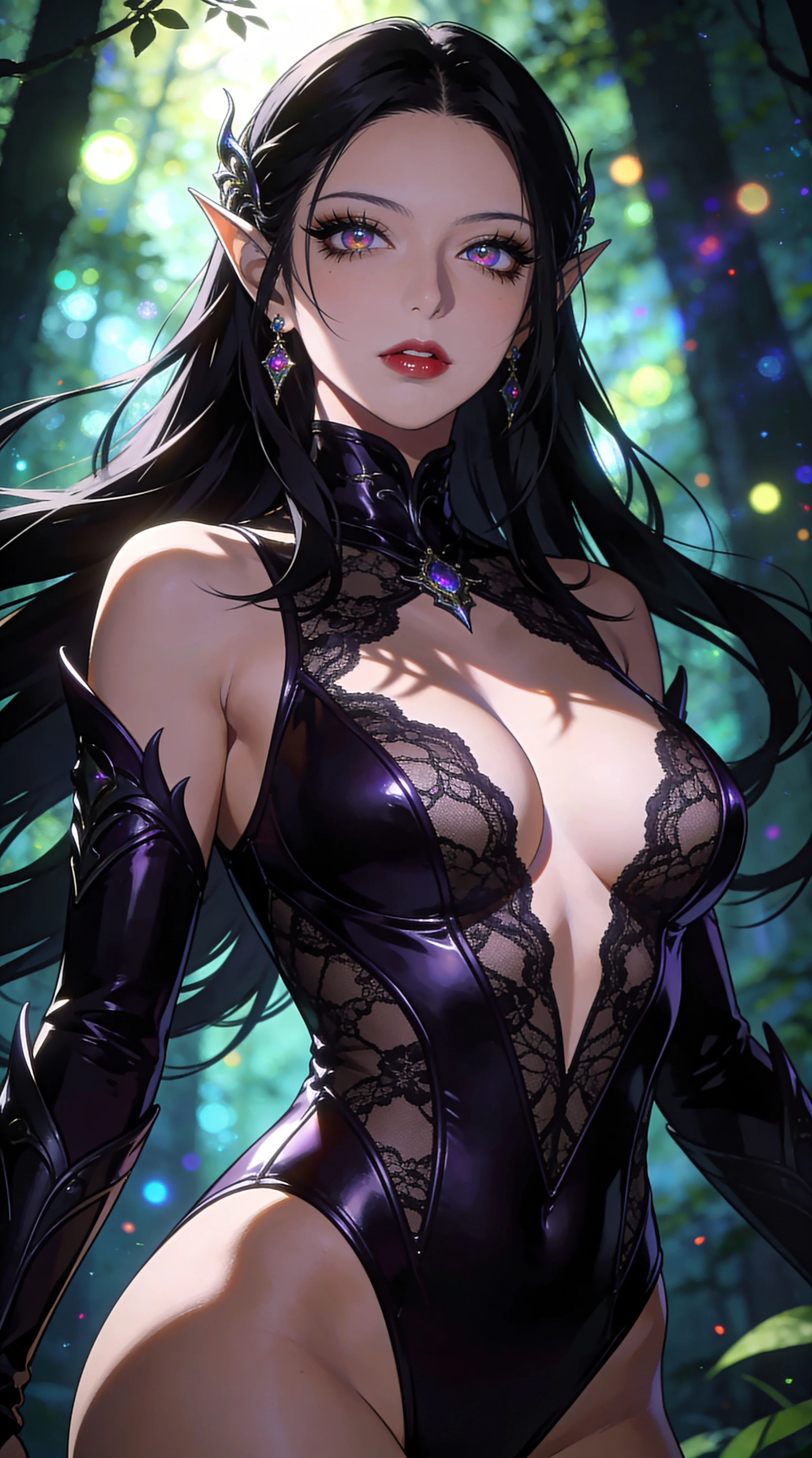 score_9, masterpiece, best quality, ultra-detailed, semi-realistic high-budget anime keyframe, an incredibly beautiful Japanese woman. Dynamic low angle shot filling the frame. She has an absolutely perfect 8-heads proportion, an exceptionally tall female figure with a slim-fit toned body. Her face is a highly detailed masterpiece featuring a v-shaped jawline, high-bridge nose, intricate jewel-like eyes, thick eyelashes, and glossy lips. She has raven black flowing hair. She is wearing a seductive skin-tight dark elf latex suit with sheer lace panels, deep cleavage, highlighting her alluring silhouette. Mystical glowing forest, cinematic magical lighting, dramatic rim lighting, cinematic shadows, 2k, ultra detail, master piece, 9:16 ratio