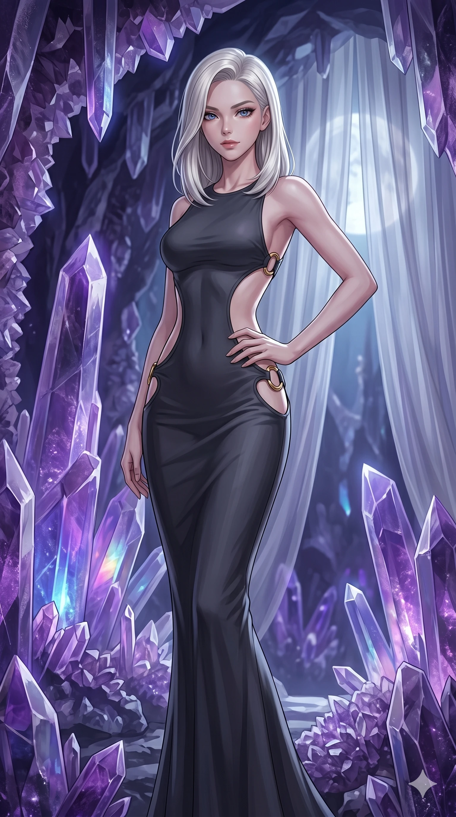 score_9, masterpiece, best quality, ultra-detailed, high-budget anime keyframe, editorial fashion photography, tasteful artistic composition, Caucasian woman, strictly human ears. cowboy shot from the thighs up, character and outfit filling the frame for maximum editorial presence. Holding a confident power pose with one hand on her hip inside a crystalline geode cavern lined with towering amethyst spires casting violet prismatic light. She has an absolutely perfect 8-heads proportion, an exceptionally tall and slender female figure with impossibly long slender legs and an ultra-slim waist. V-shaped jawline, high-bridge nose, intricate jewel-like eyes with depth, thick eyelashes, glossy lips with a natural sheen. wearing a dark charcoal fitted floor-length gown with dramatic curved architectural cutouts at the sides of the torso framed by gold ring hardware, emphasizing the ultra-slim waist. bathed in cold silver moonlight filtered through translucent gossamer curtains casting soft shadows on her curves. 2k, ultra detail, master piece, 9:16 ratio