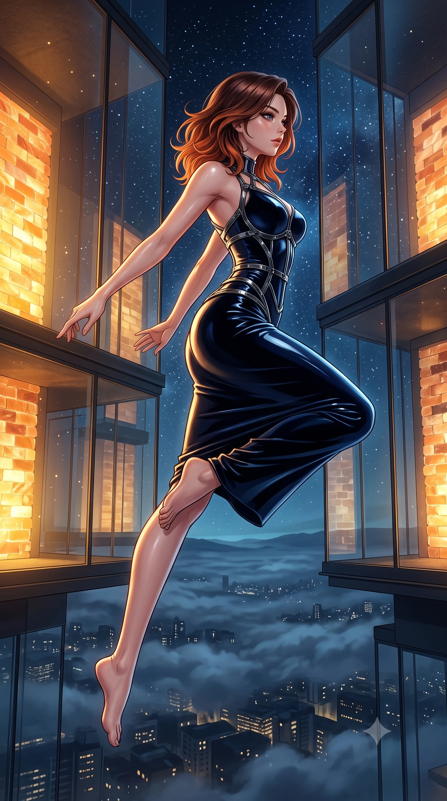 score_9, masterpiece, best quality, ultra-detailed, high-budget anime keyframe, editorial fashion photography, tasteful artistic composition, Korean woman. low angle full-body shot from head to toe showing her feet, filling the entire 9:16 vertical frame with her statuesque presence, stretching her vertical silhouette. leaping dynamically through the starry space, her posture full of power and elegance, looking out the floor-to-ceiling glass wall as nocturnal mist blankets the city below, dewy natural skin texture glistened under warm ambient sconce rays. She has an absolutely perfect, statuesque 8.5-heads proportion, an exceptionally tall and slender model-like female figure with impossibly long slender legs and an ultra-slim waist. sharp v-shaped jawline, high-bridge nose, intricate jewel-like eyes with depth, thick eyelashes, glossy lips with a natural sheen. wearing sculpted form-fitting dark velvet column gown in pitch black in midnight navy blue, made of high-gloss liquid vinyl, highlighted by a gunmetal metallic harness structure, contouring every curve with an exceptionally elegant silhouette. bathed in warm golden amber light radiating from glowing salt brick walls. highly saturated vibrant anime colors, detailed shading with soft gradients, rich glossy textures, high-contrast stereoscopic depth, volumetric dynamic lighting, master piece, 9:16 ratio