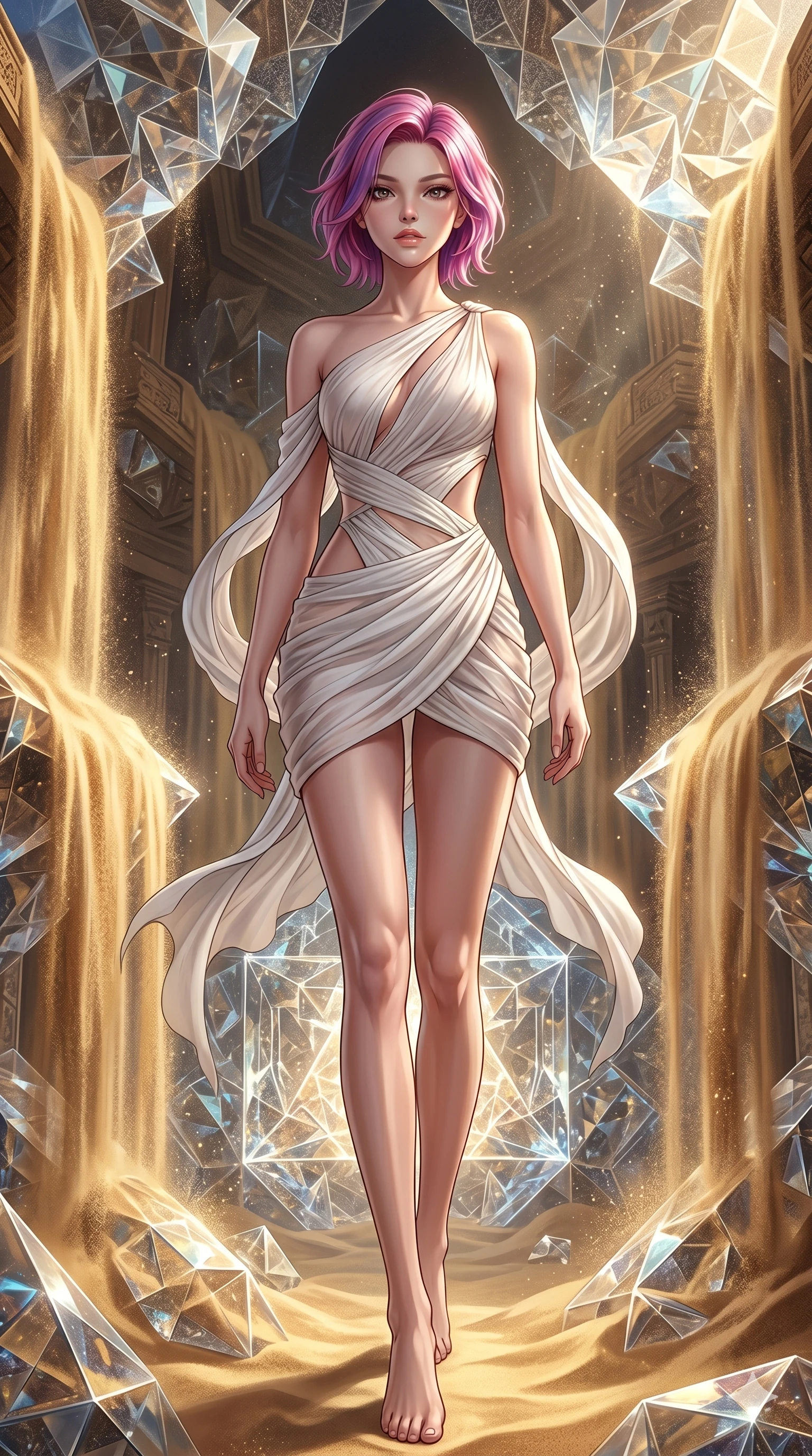 score_9, masterpiece, best quality, ultra-detailed, high-budget anime keyframe, Korean woman. low angle full-body shot filling the entire 9:16 frame with her statuesque presence, stretching the vertical silhouette. descending through a fractal quicksand temple where golden sand waterfalls transform into glass crystals, revealing intricate repeating patterns. She has an absolutely perfect 8-heads proportion, an exceptionally tall and slender female figure with impossibly long slender legs and an ultra-slim waist. V-shaped jawline, high-bridge nose, intricate jewel-like eyes with depth, thick eyelashes, glossy lips with a natural sheen.. wearing an asymmetric chiffon draped couture mini dress, featuring draped white chiffon fabric twisting around her body with elegant diamond cutouts on the waist. illuminated by dramatic chiaroscuro casting soft shadows along her curves, with vibrant backlighting highlighting the dust particles. 2k, ultra detail, master piece, 9:16 ratio