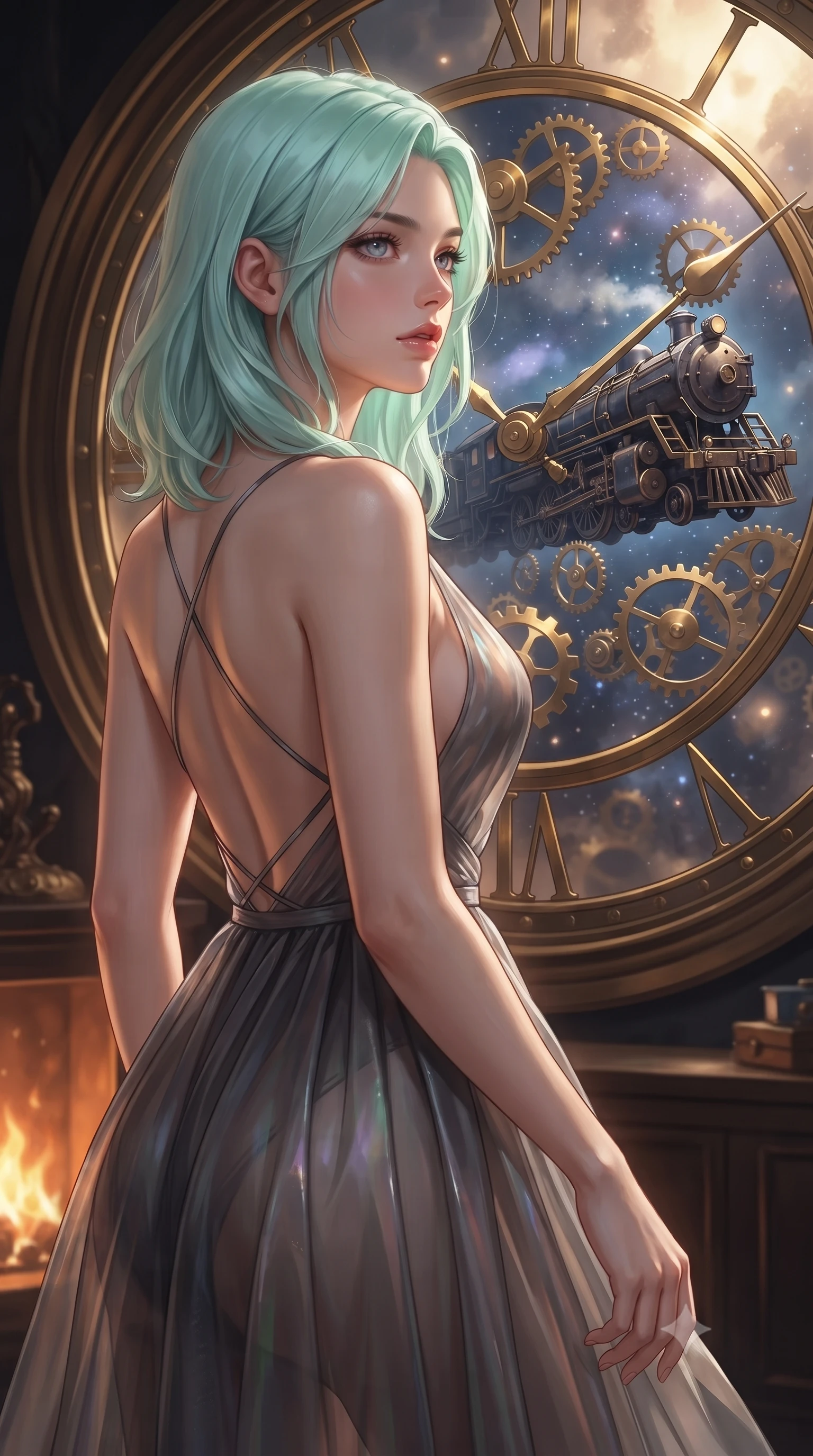score_9, masterpiece, best quality, ultra-detailed, high-budget anime keyframe, editorial fashion photography, tasteful artistic composition, Japanese woman. close-up cowboy shot from the waist and thighs up, the character dominates the composition, filling the frame with her large presence, background elements kept in soft focus. Gazing past the camera with an air of effortless elegance and mysterious confidence gazing out a massive circular clock window at a twilight galaxy express train, floating brass gears and clocksprings casting intricate metallic reflections. She has an exceptionally elegant, slender, and willowy female figure with an ultra-slim waist, a gracefully sculpted slender torso, and a refined silhouette. sharp v-shaped jawline, high-bridge nose, intricate jewel-like eyes with depth, thick eyelashes, glossy lips with a natural sheen. wearing a translucent iridescent chiffon gown with a plunging neckline and open back in charcoal grey and platinum, woven from fine semi-opaque sheer organza, complemented by criss-cross back straps highlighting her bare shoulders, the sleek second-skin texture accentuating her magnetic presence. surrounded by warm hearth light and dramatic bronze rim highlights. ultra-reflective glossy finish, specular highlights, metallic sheen, high-contrast stereoscopic depth, volumetric dynamic lighting, 2k, ultra detail, master piece, 9:16 ratio