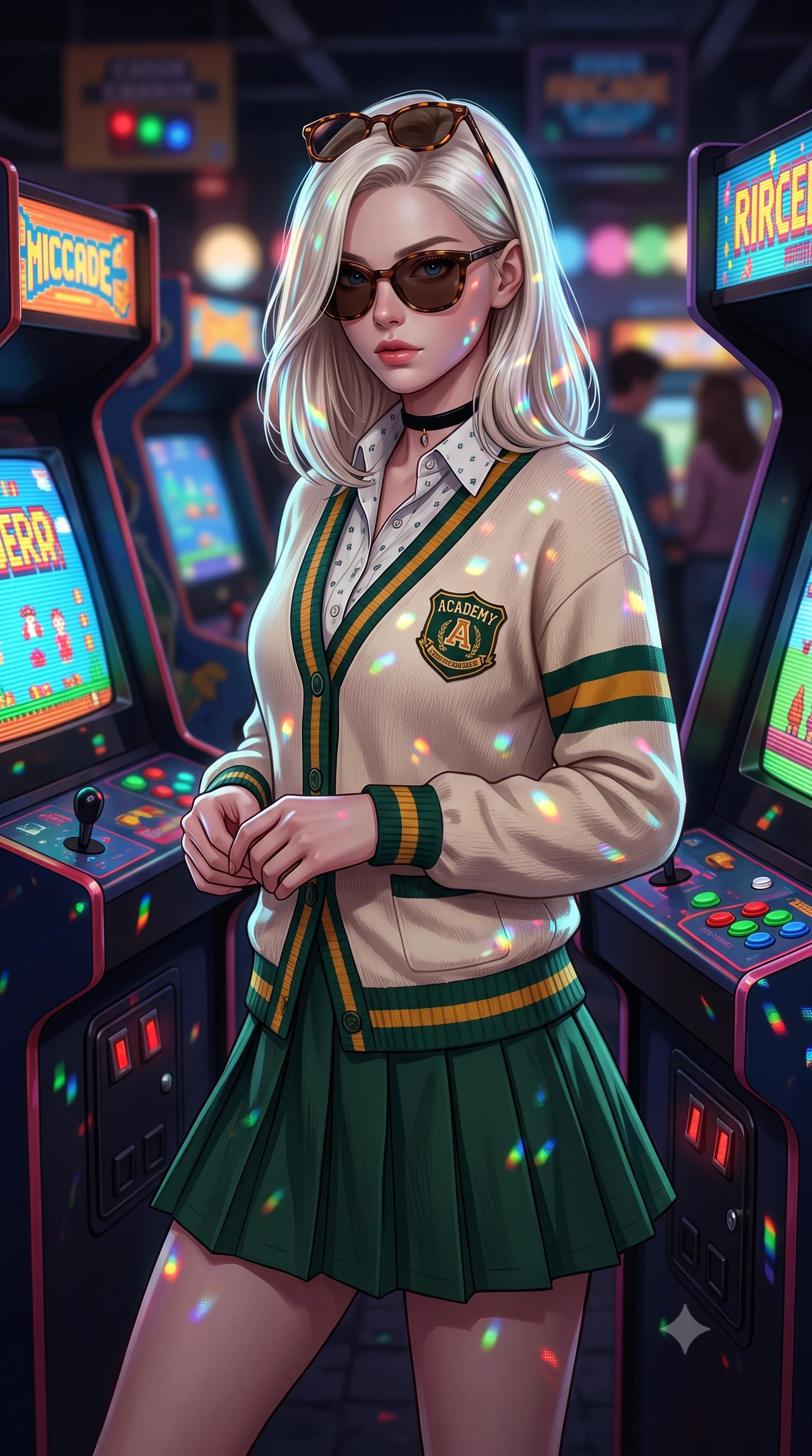 score_9, masterpiece, best quality, ultra-detailed, high-budget anime keyframe, semi-realistic 3D game render, editorial fashion photography, tasteful artistic composition, Caucasian woman. close-up cowboy shot from the waist and thighs up, the character dominates the composition, filling the frame with her large presence. holding her hands loosely in front with regal, aristocratic poise, radiating an overwhelming high-society aura while pivoting dynamically between colorful arcade cabinets as 8-bit CRT screens flash vibrant pixel art across her stylish outfit. The composition keeps background elements in soft focus with creamy bokeh. flickering coin-slot lights and pixel scanline glints scattering vibrant nostalgic light motes. She has an exceptionally elegant, slender, and willowy female figure with an ultra-slim waist, a gracefully sculpted slender torso, toned flat midriff, and a refined slim silhouette. sharp v-shaped jawline, high-bridge nose, intricate jewel-like eyes with depth, thick eyelashes, glossy lips with a natural sheen, captivating and magnetic expression, flawlessly proportioned anatomical accuracy, strict slender model proportions, natural body alignment, perfectly sculpted long slender limbs, ultra-slim waistline, clean dynamic posture without body distortion. wearing a preppy 80s varsity cardigan sweater layered over a crisp collared button-down shirt and a tennis pleated skirt in forest green, cream, and mustard yellow, made of crisp lightweight vintage crinkle nylon, finished with a delicate black velvet ribbon choker and vintage sunglasses, the liquid-tight tailored fabric emphasizing every curve of her tall, slender model proportions and sculptured silhouette during dynamic movement. surrounded by a playful, energetic, and delightfully charming 80s arcade sweetheart aura. highly saturated vibrant anime colors, detailed shading with soft gradients, rich glossy textures, high-contrast stereoscopic depth, volumetric dynamic lighting, master piece, 9:16 ratio