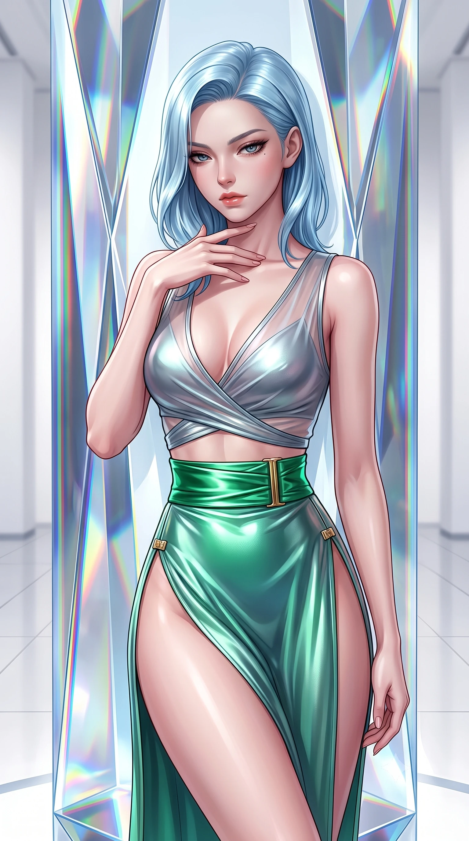 score_9, masterpiece, best quality, ultra-detailed, high-budget anime keyframe, semi-realistic 3D game render, editorial fashion photography, tasteful artistic composition, Korean woman. close-up cowboy shot from the waist and thighs up, the character dominates the composition, filling the frame with her large presence. resting her fingers lightly against her throat while looking down with a smoldering, haughty yet intensely captivating glance while leaning against a towering optical crystal pillar with a haughty, smoldering gaze amidst pure white daylight. The surrounding environment is rendered in vivid detail and crisp panoramic clarity. razor-sharp optical crystal prism facets, distinct rainbow light band borders, and white gallery floor in deep focus. She has an exceptionally elegant, slender, and willowy female figure with an ultra-slim waist, a gracefully sculpted slender torso, toned flat midriff, and a refined slim silhouette. sharp v-shaped jawline, high-bridge nose, intricate jewel-like eyes with depth, thick eyelashes, glossy lips with a natural sheen, flawlessly proportioned anatomical accuracy, strict slender model proportions, natural body alignment, perfectly sculpted long slender limbs, ultra-slim waistline, clean dynamic posture without body distortion. wearing a shortened cyber-fusion wrap top with transparent chiffon panels, a deep crossover neckline, and a high-waisted metallic sash that accentuates her ultra-slim waist in bright emerald green satin and gold hardware, made of liquid metal jersey that clings flawlessly to every contour of her build, finished with an ultra-high side slit secured by miniature magnetic clasps, the liquid-tight tailored fabric emphasizing every curve of her tall, slender model proportions and sculptured silhouette during dynamic movement. illuminated by high-contrast specular reflections on crystal and polished surfaces. highly saturated vibrant anime colors, detailed shading with soft gradients, rich glossy textures, high-contrast stereoscopic depth, volumetric dynamic lighting, master piece, 9:16 ratio