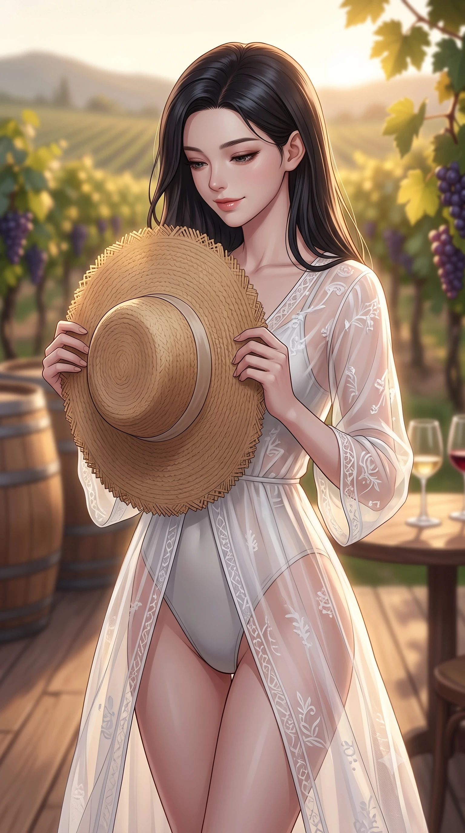 score_9, masterpiece, best quality, ultra-detailed, high-budget anime keyframe, editorial fashion photography, tasteful artistic composition, Korean woman woman. close-up cowboy shot from the waist and thighs up, the character dominates the composition, filling the frame with her large presence, background elements kept in soft focus. holding a wide-brimmed straw hat with both hands against the breeze, looking down with a soft smile the background shows a soft-focus a wooden terrace of a vineyard winery, with wooden barrels and grapevines in soft focus. She has an exceptionally elegant, slender, and willowy female figure with an ultra-slim waist, a gracefully sculpted slender torso, and a refined silhouette. sharp v-shaped jawline, high-bridge nose, intricate jewel-like eyes with depth, thick eyelashes, glossy lips with a natural sheen. wearing a slim-fit sheer white organza resort cover-up worn over a form-fitting one-piece swimsuit, showing her elegant clavicle lines. warm golden hour light tracing the grapevines and wine glasses in a golden rim light. 2k, ultra detail, master piece, 9:16 ratio
