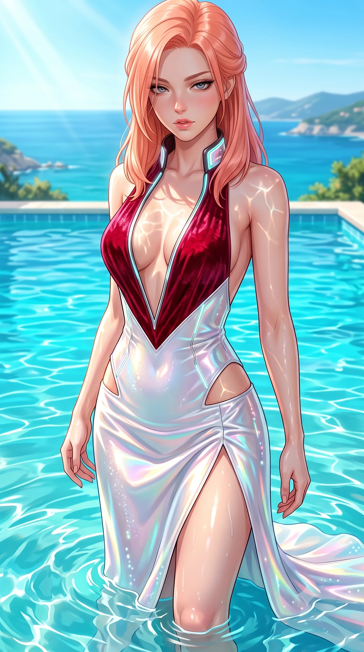 score_9, masterpiece, best quality, ultra-detailed, high-budget anime keyframe, semi-realistic 3D game render, editorial fashion photography, tasteful artistic composition, Japanese woman. close-up cowboy shot from the waist and thighs up, the character dominates the composition, filling the frame with her large presence. casting a slow, smoldering gaze beneath heavy lashes with parted glossy lips, her head slightly tilted in captivating self-assurance while standing waist-deep in crystal-clear turquoise pool water as radiant midday sunbeams cast dancing caustic reflections across her torso. The surrounding environment is rendered in vivid detail and crisp panoramic clarity. intense natural daylight refractions and panoramic coastal scenery captured with environmental sharpness. She has an exceptionally elegant, slender, and willowy female figure with an ultra-slim waist, a gracefully sculpted slender torso, toned flat midriff, and a refined slim silhouette. sharp v-shaped jawline, high-bridge nose, intricate jewel-like eyes with depth, thick eyelashes, glossy lips with a natural sheen, flawlessly proportioned anatomical accuracy, strict slender model proportions, natural body alignment, perfectly sculpted long slender limbs, ultra-slim waistline, clean dynamic posture without body distortion. wearing a backless crimson crushed velvet gown with a deep plunging V-neckline, strategic hip cutouts, and an ultra-high thigh slit in glistening liquid pearl white with rainbow opalescence, tailored from semi-translucent cybernetic vinyl with glowing micro-filaments, featuring a dangerously unzipped neckline framed by glowing cybernetic accents, the liquid-tight tailored fabric emphasizing every curve of her tall, slender model proportions and sculptured silhouette during dynamic movement. bathed in brilliant Mediterranean sunlight and glittering turquoise pool water caustics. highly saturated vibrant anime colors, detailed shading with soft gradients, rich glossy textures, high-contrast stereoscopic depth, volumetric dynamic lighting, master piece, 9:16 ratio