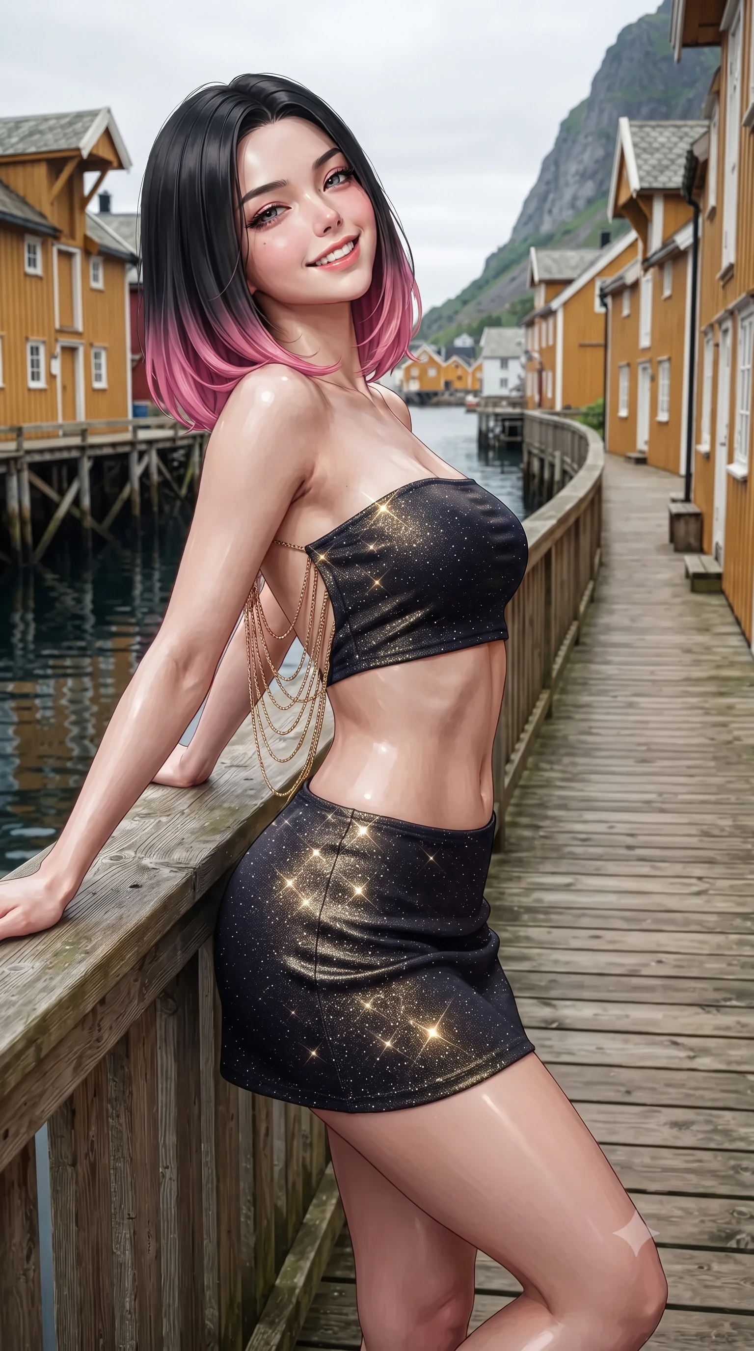score_9, masterpiece, best quality, ultra-detailed, high-budget anime keyframe, editorial fashion photography, tasteful artistic composition, Korean woman. close-up cowboy shot from the waist and thighs up, the character dominates the composition, filling the frame with her large presence. leaning back against the balustrade with relaxed seductive grace, head tilted back slightly while casting a hypnotic, heavy-lidded gaze while standing poised on the natural timber boardwalk snaking along the narrow fjord inlet between centuries-old yellow and ochre fishing huts, arching her lower back with effortless poise. The surrounding environment is rendered in vivid detail and crisp panoramic clarity: detailed garment cut, fine fabric drape, and UNESCO heritage wooden craft in high resolution. She has an exceptionally elegant, slender, and willowy female figure with an ultra-slim waist, flat toned midriff, narrow ribcage, and sculpted feminine hips creating an alluring, slim hourglass silhouette without bulk. sharp v-shaped jawline, high-bridge nose, intricate jewel-like sparkling eyes with depth, thick eyelashes, glossy parted lips with a natural peach sheen, bright cheerful beaming smile with an enchanting and coquettish sensual glint, exuding both youthful cute charm and seductive allure, flawlessly proportioned anatomical accuracy, strict slender model proportions, natural body alignment, perfectly sculpted long slender limbs, ultra-slim waistline, clean dynamic posture without body distortion. wearing an ultra-cropped fitted bandeau top paired with a micro mini tennis skirt revealing her flat toned midriff in deep midnight obsidian black and champagne gold, woven from stretch metallic lurex jersey casting radiant starlight glints across her curves, accented with an open-back drape framed by falling strands of delicate gold chains, the form-contouring silhouette accentuating her sculpted flat midriff, narrow delicate ribcage, and gracefully curvy hips with intoxicating allure. illuminated by harbor water reflection fill and sharp amber-platinum rim lights defining her razor-sharp jawline, narrow waist, and curvy hips. ultra-reflective glossy finish, specular highlights, rich textural contrasts, high-contrast stereoscopic depth, volumetric dynamic lighting, 2k, ultra detail, master piece, 9:16 ratio