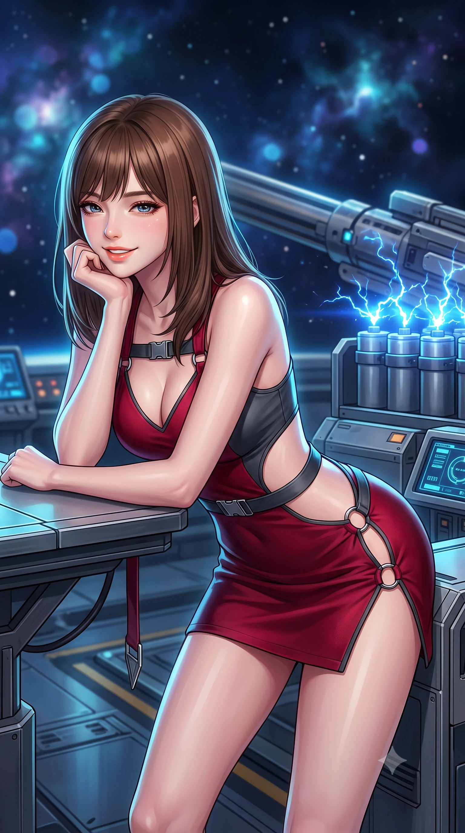 score_9, masterpiece, best quality, ultra-detailed, high-budget anime keyframe, semi-realistic 3D game render, editorial fashion photography, tasteful artistic composition, Korean woman. close-up cowboy shot from the waist and thighs up, the character dominates the composition, filling the frame with her large presence. resting one elbow on the table and supporting her chin, leaning close to the camera with heavy-lidded sparkling eyes and parted lips while leaning against the capacitor bank housing with hips cocked back, gazing down the electromagnetic rail into deep space with smoldering bedroom-eyes. The background shows a soft-focus massive railgun barrel stretching into the starry void, crackling blue plasma sparks from capacitor banks, and distant glowing nebula clouds blurred into sapphire, cyan, and amethyst bokeh. She has an exceptionally elegant, slender, and willowy female figure with an ultra-slim waist, flat toned midriff, narrow ribcage, and sculpted feminine hips creating an alluring, slim hourglass silhouette without bulk. sharp v-shaped jawline, high-bridge nose, intricate jewel-like sparkling eyes with depth, thick eyelashes, glossy parted lips with a natural peach sheen, bright cheerful beaming smile with an enchanting and coquettish sensual glint, exuding both youthful cute charm and seductive allure, flawlessly proportioned anatomical accuracy, strict slender model proportions, natural body alignment, perfectly sculpted long slender limbs, ultra-slim waistline, clean dynamic posture without body distortion. wearing a provocative open-waist combat cutout mini dress framed by polished chrome ring hardware and thigh-high slit in deep crimson hazard red and matte dark titanium, crafted from bespoke double-faced cashmere with an exceptionally soft tactile finish, finished with sleek magnetic buckle closures fluttering in the breeze, the liquid-tight tailored fabric clinging flawlessly to her narrow waist and rounded feminine hips, emphasizing every millimeter of her sculpted slim hourglass curves without any bulky heaviness. illuminated by titanium deck reflection bounce and sharp electric-cyan rim lights sculpting her jawline, narrow waist, and curvy hips. highly saturated vibrant anime colors, detailed shading with soft gradients, rich glossy textures, high-contrast stereoscopic depth, volumetric dynamic lighting, master piece, 9:16 ratio