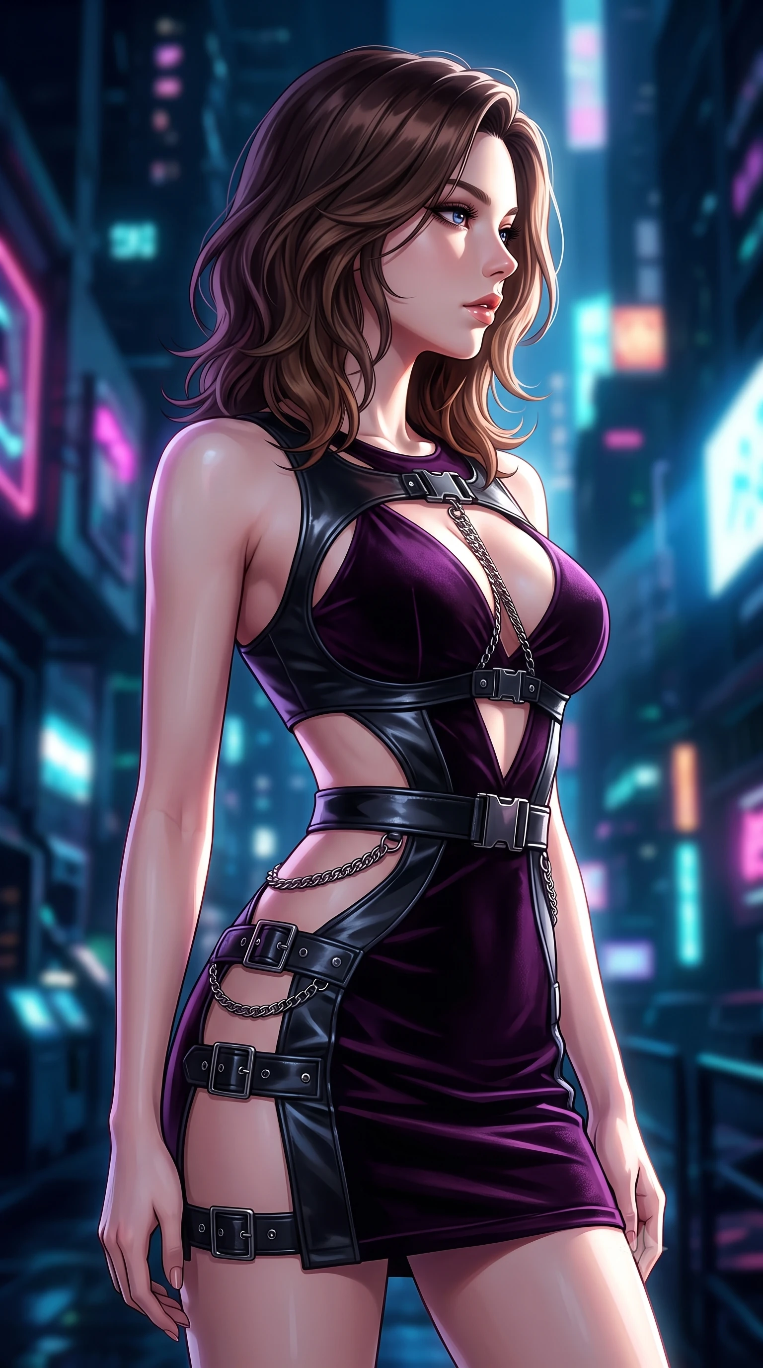score_9, masterpiece, best quality, ultra-detailed, high-budget anime keyframe, editorial fashion photography, tasteful artistic composition, Korean woman. close-up cowboy shot from the waist and thighs up, the character dominates the composition, filling the frame with her large presence, background elements kept in soft focus. Turning her face in sharp dramatic profile against the key light, glancing sidelong over her shoulder with an enigmatic, smoldering expression, chic urban cyberpunk allure with intense visual presence. She has an exceptionally elegant, slender, and willowy female figure with an ultra-slim waist, a gracefully sculpted slender torso, and a refined silhouette. sharp v-shaped jawline, high-bridge nose, intricate jewel-like eyes with depth, thick eyelashes, glossy lips with a natural sheen. wearing dramatic architectural open-waist cutout mini dress in dark velvet framed by chrome hardware in dark plum violet, made of polished black leather, framed by dark titanium buckles and silver chain details, accentuating her gracefully sculpted slender torso. lit by piercing key rays emerging from deep futuristic shadows. highly saturated vibrant anime colors, detailed shading with soft gradients, rich glossy textures, high-contrast stereoscopic depth, volumetric dynamic lighting, master piece, 9:16 ratio
