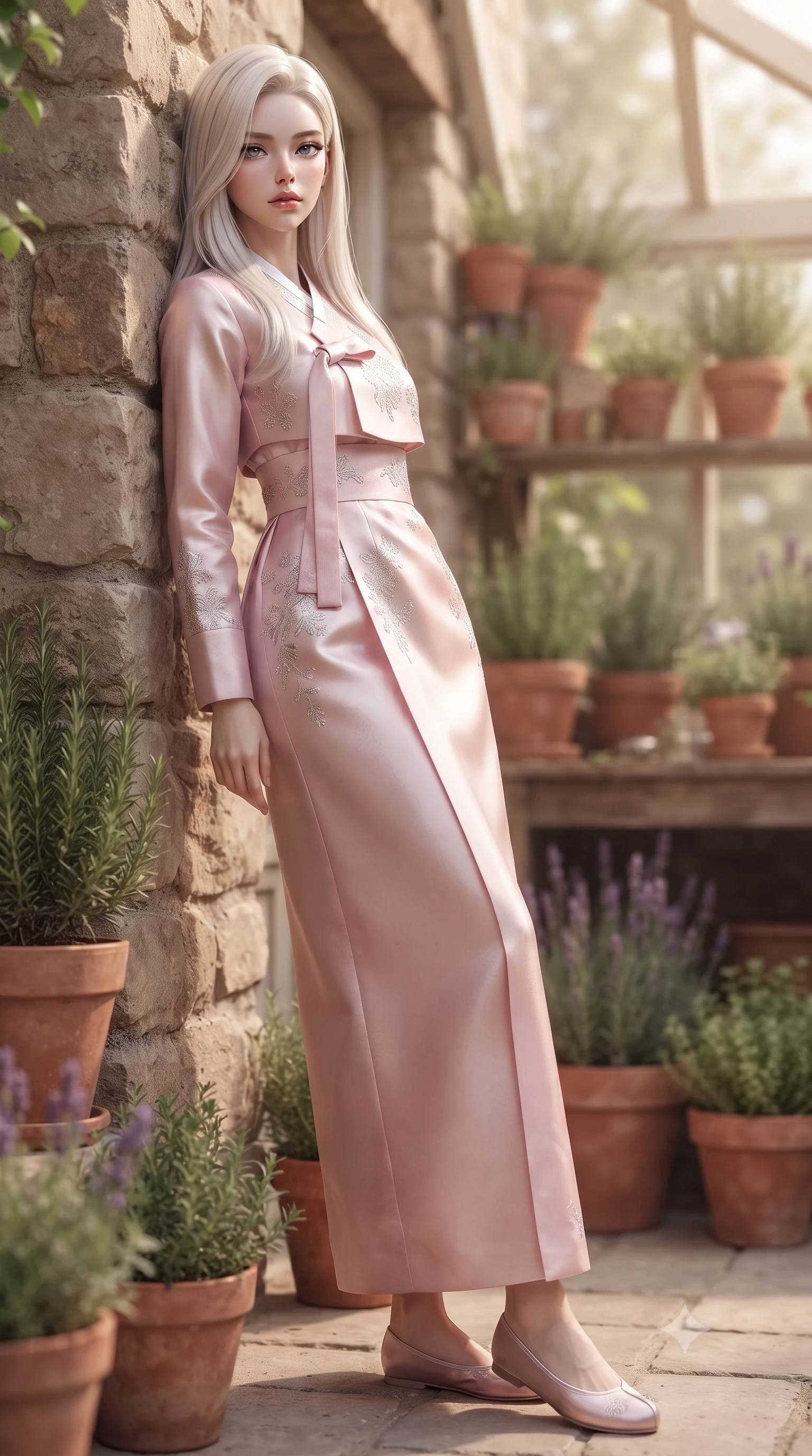 score_9, masterpiece, best quality, ultra-detailed, high-budget anime keyframe, editorial fashion photography, tasteful artistic composition, Caucasian woman. low angle full-body shot from head to toe showing her feet, filling the entire 9:16 vertical frame with her statuesque presence, stretching her vertical silhouette. leaning back against a rustic stone wall, casting a slow, alluring gaze at the camera the background shows a soft-focus a cozy cottage greenhouse, surrounded by terracotta pots, rosemary, and lavender. She has an absolutely perfect, statuesque 8.5-heads proportion, an exceptionally tall and slender model-like female figure with impossibly long slender legs and an ultra-slim waist. sharp v-shaped jawline, high-bridge nose, intricate jewel-like eyes with depth, thick eyelashes, glossy lips with a natural sheen. wearing a tailored modern fusion hanbok jeogori in light pink silk, paired with a high-waisted wrap skirt. warm, diffused daylight creating a quiet and productive mood. ultra-reflective glossy finish, specular highlights, metallic sheen, high-contrast stereoscopic depth, volumetric dynamic lighting, 2k, ultra detail, master piece, 9:16 ratio