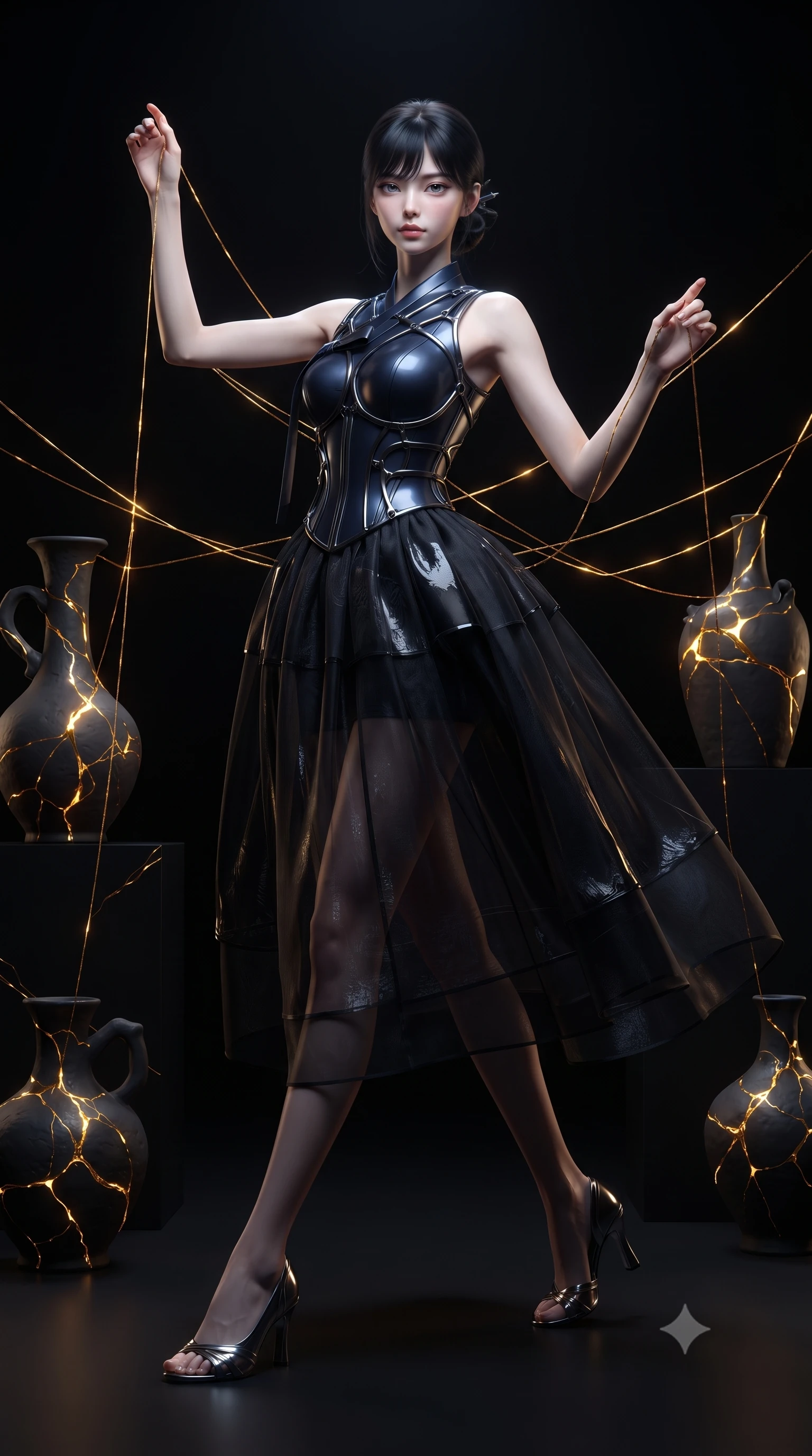 score_9, masterpiece, best quality, ultra-detailed, high-budget anime keyframe, editorial fashion photography, tasteful artistic composition, Korean woman. low angle full-body shot from head to toe showing her feet, filling the entire 9:16 vertical frame with her statuesque presence, stretching her vertical silhouette. stepping gracefully through the dark environment, stretching her statuesque silhouette, threading molten gold threads through dark Bisque porcelain sculptures, high-contrast dark ceramic textures reflecting bright metallic gold veins. She has an absolutely perfect, statuesque 8.5-heads proportion, an exceptionally tall and slender model-like female figure with impossibly long slender legs and an ultra-slim waist. sharp v-shaped jawline, high-bridge nose, intricate jewel-like eyes with depth, thick eyelashes, glossy lips with a natural sheen. wearing modern fusion dark hanbok dress with structured obsidian bodice in midnight navy blue, made of sculpted obsidian metallic chrome, highlighted by a gunmetal metallic harness structure, following her slender form with tailored precision. surrounded by pitch-black shadows illuminated by intense golden inner light. ultra-reflective glossy finish, specular highlights, metallic sheen, high-contrast stereoscopic depth, volumetric dynamic lighting, 2k, ultra detail, master piece, 9:16 ratio