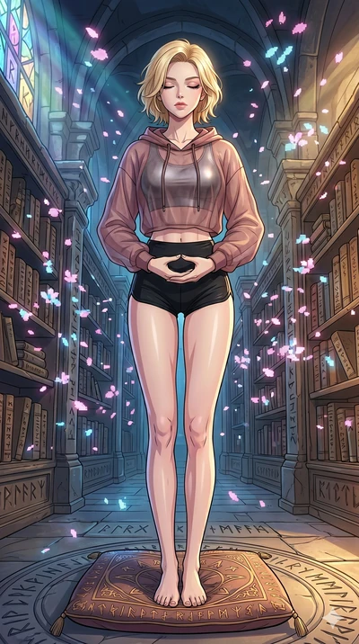 score_9, masterpiece, best quality, ultra-detailed, high-budget anime movie keyframe, cinematic anime lighting, intricate line art, Japanese woman. Low angle cowboy shot filling the entire 9:16 frame with her statuesque presence. meditating peacefull