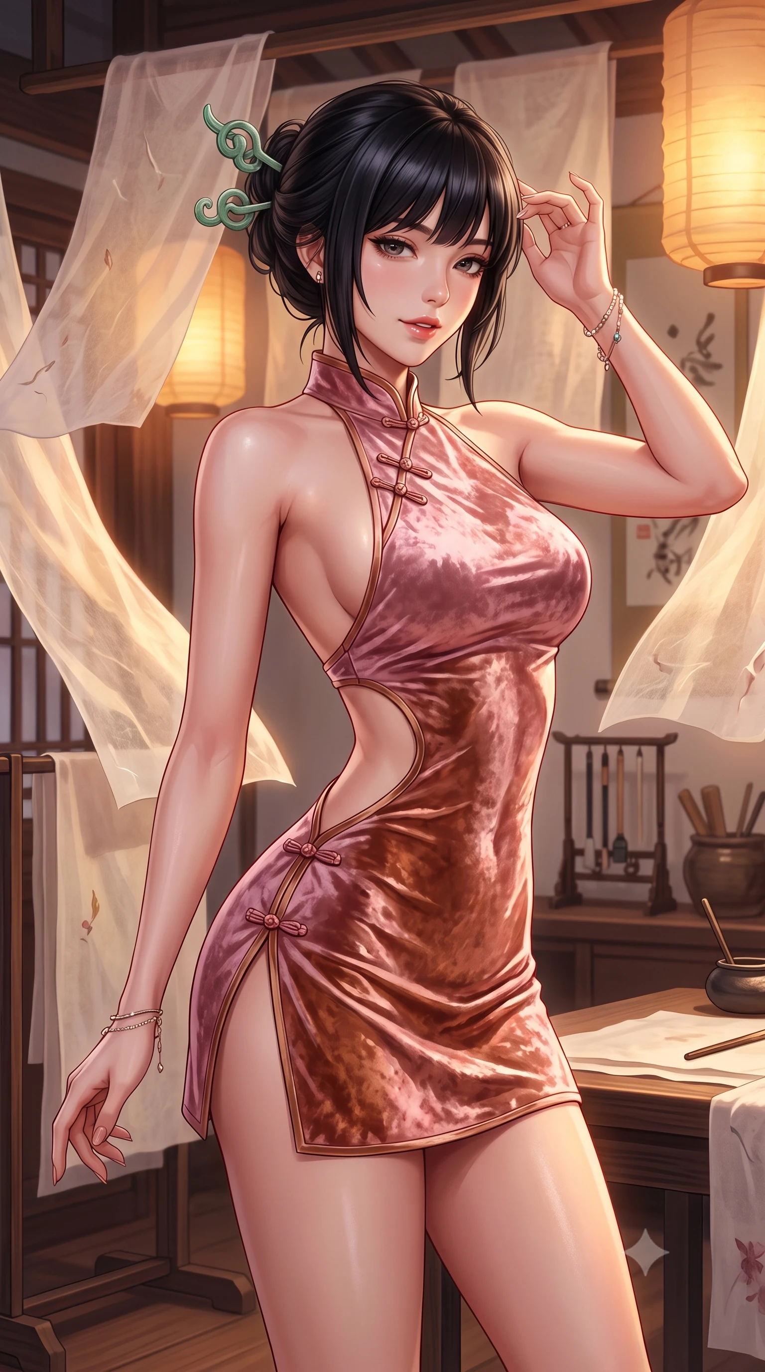 score_9, masterpiece, best quality, ultra-detailed, high-budget anime keyframe, semi-realistic 3D game render, editorial fashion photography, tasteful artistic composition, Caucasian woman. close-up cowboy shot from the waist and thighs up, the character dominates the composition, filling the frame with her large presence. tilting her head with an alluring smile while arching her spine with dancer poise, one hand touching her ornate jade hairpin in a flirtatious S-curve while standing poised between drying sheets of translucent mulberry paper that flutter like silk, arching her back with ethereal artistic grace. The surrounding environment is rendered in vivid detail and crisp panoramic clarity: detailed linen and silk outfit weave, warm amber lantern sheen on skin, and traditional Korean workshop craft in high resolution. She has an exceptionally elegant, slender, and willowy female figure with an ultra-slim waist, flat toned midriff, narrow ribcage, and sculpted feminine hips creating an alluring, slim hourglass silhouette without bulk. sharp v-shaped jawline, high-bridge nose, intricate jewel-like dark sparkling almond eyes with depth, thick lashes, glossy parted lips with a natural rose-plum sheen, bright alluring and coquettish smile with bedroom-eyes, exuding both timeless oriental elegance and sovereign high-fashion allure, flawlessly proportioned anatomical accuracy, strict slender model proportions, natural body alignment, perfectly sculpted long slender limbs, ultra-slim waistline, clean dynamic posture without body distortion. wearing a backless halter qipao mini dress with delicate frog-button closures and side waist cutouts framing her hourglass curves in dusty rose pink and burnished copper, crafted from sumptuous crushed winter velvet with deep light-absorbing plushness, featuring a modern sculptural jade hair pin securing her loose silky updo, the glove-like silhouette tightly following the natural contour of her hips and long slender legs with youthful 8.5-heads elegance. bathed in warm diffuse amber lantern light filtered through translucent mulberry paper. highly saturated vibrant anime colors, detailed shading with soft gradients, rich glossy textures, high-contrast stereoscopic depth, volumetric dynamic lighting, master piece, 9:16 ratio