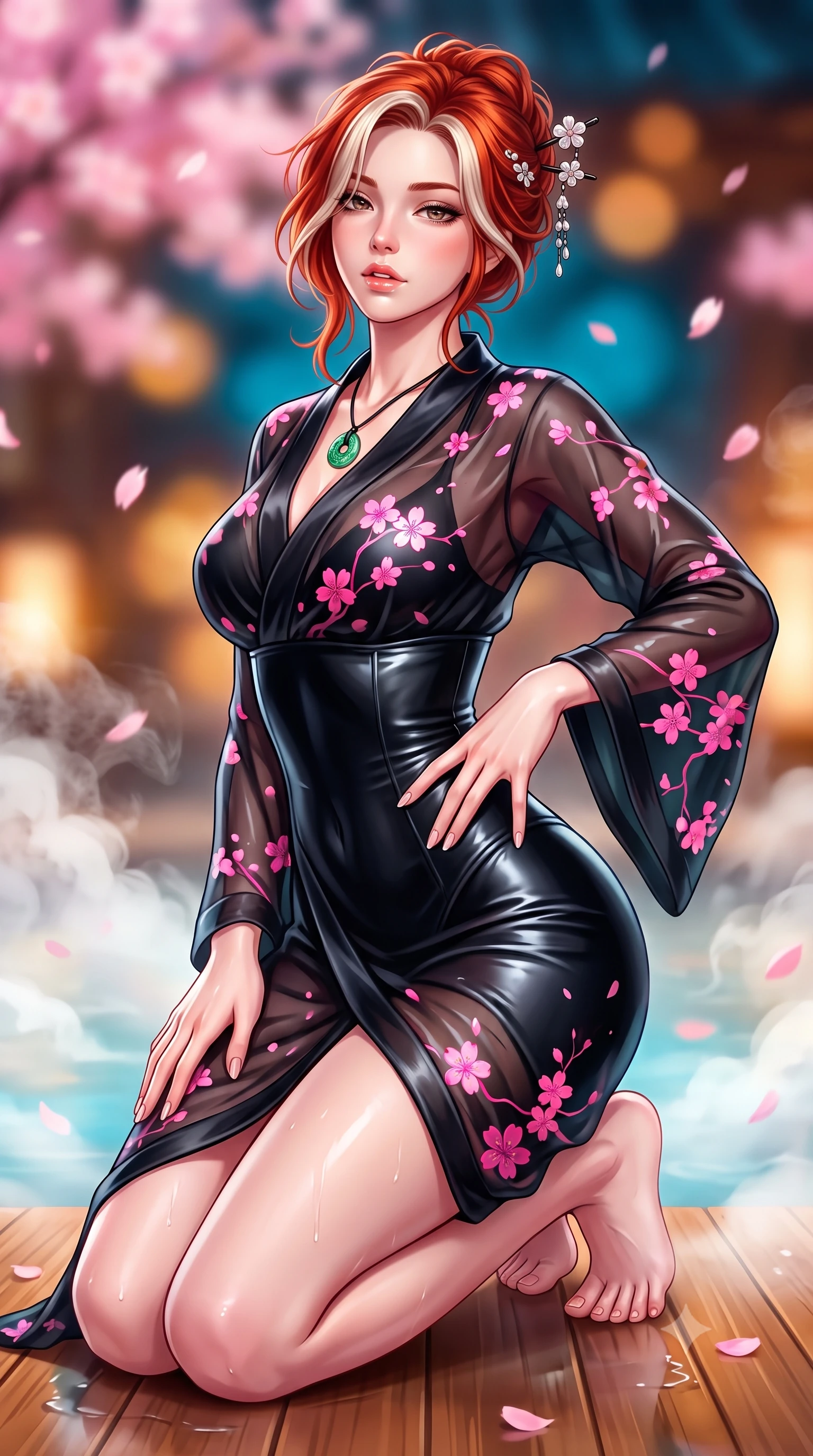 score_9, masterpiece, best quality, ultra-detailed, high-budget anime keyframe, semi-realistic 3D game render, editorial fashion photography, tasteful artistic composition, Caucasian woman. close-up cowboy shot from the waist and thighs up, the character dominates the composition, filling the frame with her large presence. resting one manicured hand delicately on her hip bone, her upper body turning in a fluid, seductive S-curve while parted lips glisten in the light while kneeling gracefully on the warm wet cedar deck, one hand resting on her bare hip as thermal steam caresses her feminine curves. The composition keeps background elements in soft focus with creamy bokeh. swirling thermal steam clouds and falling sakura petals blurred into soft blossom-pink, warm amber, and deep cyan bokeh. She has an exceptionally elegant, slender, and willowy female figure with an ultra-slim waist, a gracefully sculpted slender torso, toned flat midriff, and rounded feminine hips creating an alluring hourglass silhouette. sharp v-shaped jawline, high-bridge nose, intricate jewel-like eyes with depth, thick eyelashes, glossy parted lips with a natural sheen, intensely captivating and seductive bedroom-eyes expression, flawlessly proportioned anatomical accuracy, strict slender model proportions, natural body alignment, perfectly sculpted long slender limbs, ultra-slim waistline, clean dynamic posture without body distortion. wearing a delicate semi-translucent silk yukata that clings to her wet skin and curvy hip contours in pitch black silk with neon cherry blossom accents, crafted from supple second-skin lambskin leather with specular wet sheen, accented with mother-of-pearl hair ornaments and a carved jade pendant, the second-skin form-contouring cut accentuating her sculpted flat midriff, narrow waistline, and dramatically curvy hips without adding bulk. surrounded by an intimate, tranquil, and deeply sensual Japanese skylounge muse aura. highly saturated vibrant anime colors, detailed shading with soft gradients, rich glossy textures, high-contrast stereoscopic depth, volumetric dynamic lighting, master piece, 9:16 ratio