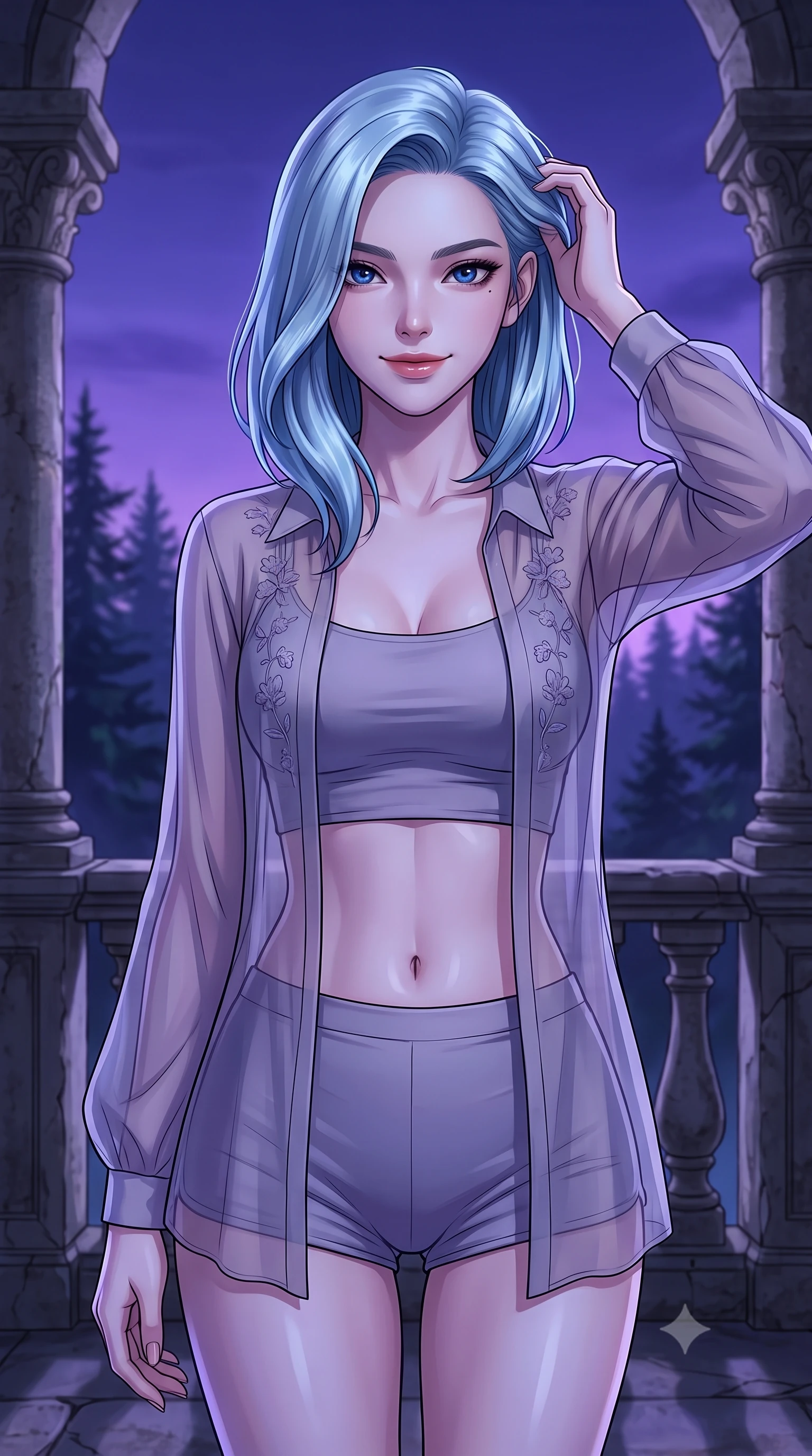 score_9, masterpiece, best quality, ultra-detailed, high-budget anime keyframe, tasteful artistic composition, Korean woman. close-up cowboy shot from the waist and thighs up, the character dominates the composition, filling the frame with her large presence, background elements kept in soft focus. smiling with quiet, magnetic self-assurance directly into the camera, running a hand through her hair the background shows a soft-focus an old stone castle balcony overlooking a dark pine forest at twilight. She has an exceptionally elegant, slender, and willowy female figure with an ultra-slim waist, a gracefully sculpted slender torso, and a refined silhouette. sharp v-shaped jawline, high-bridge nose, intricate jewel-like eyes with depth, thick eyelashes, glossy lips with a natural sheen. wearing a body-hugging lightweight chiffon cover-up shirt worn open over a crop top and high-cut shorts. deep violet twilight sky glow casting cool highlights on her form. highly saturated vibrant anime colors, cel-shading, 2d style, master piece, 9:16 ratio