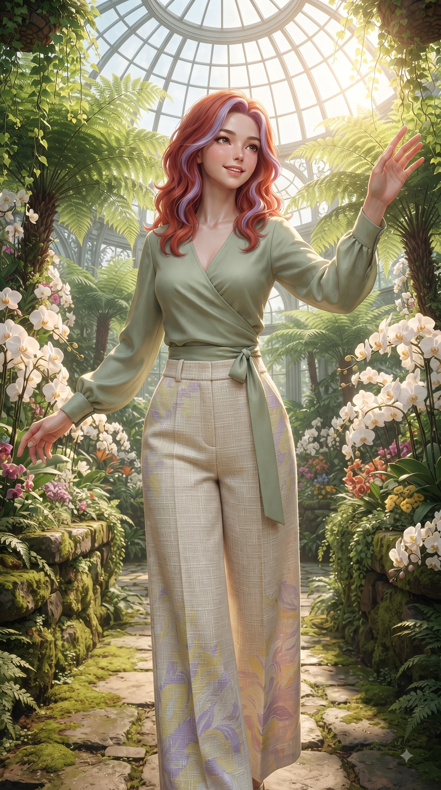 score_9, masterpiece, best quality, ultra-detailed, high-budget anime keyframe, editorial fashion photography, tasteful artistic composition, Caucasian woman. close-up cowboy shot from the waist and thighs up, the character dominates the composition, filling the frame with her large presence. Extending one arm in an elegant stretch toward the light while smiling with vibrant, youthful self-assurance while strolling happily along a stone garden path amidst towering tropical ferns and blooming white orchids. The surrounding environment is rendered in vivid detail and crisp panoramic clarity. intricate glasshouse dome architecture, cascading tropical vines, and vibrant botanical garden displays in deep focus. She has an exceptionally elegant, slender, and willowy female figure with an ultra-slim waist, a gracefully sculpted slender torso, and a refined silhouette. sharp v-shaped jawline, high-bridge nose, intricate jewel-like eyes with depth, thick eyelashes, glossy lips with a natural sheen, flawlessly proportioned anatomical accuracy, natural body alignment, perfectly sculpted elegant limbs, clean dynamic posture without body distortion. wearing an elegant sage green wrap blouse with wide-leg cream linen trousers in soft lemon yellow and lavender violet, tailored from soft pastel tweed with subtle metallic thread, accented with soft smocked details and fluttery cuffs, the tailored casual silhouette highlighting her fresh and youthful presence. surrounded by a peaceful, sun-drenched, and healing greenhouse atmosphere. ultra-reflective glossy finish, specular highlights, metallic sheen, high-contrast stereoscopic depth, volumetric dynamic lighting, 2k, ultra detail, master piece, 9:16 ratio