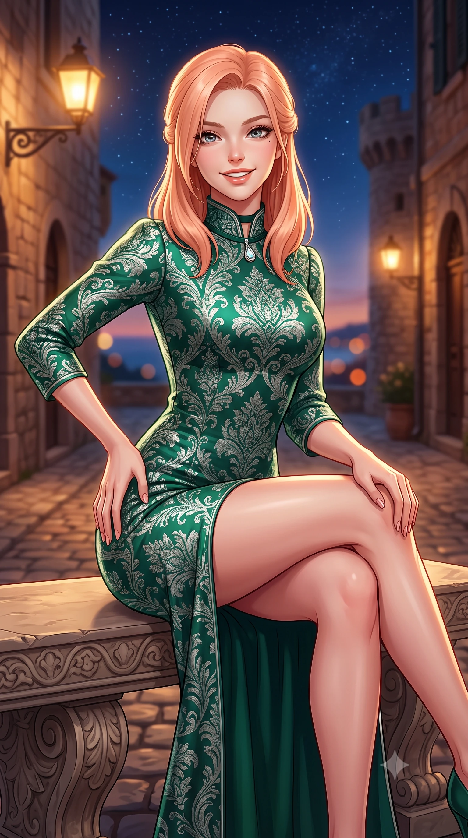 score_9, masterpiece, best quality, ultra-detailed, high-budget anime keyframe, semi-realistic 3D game render, editorial fashion photography, tasteful artistic composition, Japanese woman. close-up cowboy shot from the waist and thighs up, the character dominates the composition, filling the frame with her large presence. perched sideways on the lounge seat, one knee drawn up to showcase her slender leg line while her arched back accentuates her feminine hip curve while sitting gracefully on the carved stone bench with legs crossed, running one manicured hand slowly down her hip with magnetic charm. The background shows a soft-focus medieval cobblestone alleyways illuminated by iron gas lanterns, historic stone bastions, and distant Mediterranean sea horizon blurred into amber, terracotta, and indigo bokeh. She has an exceptionally elegant, slender, and willowy female figure with an ultra-slim waist, flat toned midriff, narrow ribcage, and sculpted feminine hips creating an alluring, slim hourglass silhouette without bulk. sharp v-shaped jawline, high-bridge nose, intricate jewel-like sparkling eyes with depth, thick eyelashes, glossy parted lips with a natural peach sheen, bright cheerful beaming smile with an enchanting and coquettish sensual glint, exuding both youthful cute charm and seductive allure, flawlessly proportioned anatomical accuracy, strict slender model proportions, natural body alignment, perfectly sculpted long slender limbs, ultra-slim waistline, clean dynamic posture without body distortion. wearing a refined high-collar French jacquard brocade shift dress with bracelet sleeves in Art Nouveau malachite green and antique starlight silver, crafted from bespoke double-faced cashmere with an exceptionally soft tactile finish, finished with a thin velvet ribbon choker and a single teardrop diamond pendant, the impeccably tailored cut draping gracefully along her slender figure with aristocratic poise. bathed in the romantic amber 2200K gas lantern glow contrasted with deep midnight sky and starlight. highly saturated vibrant anime colors, detailed shading with soft gradients, rich glossy textures, high-contrast stereoscopic depth, volumetric dynamic lighting, master piece, 9:16 ratio
