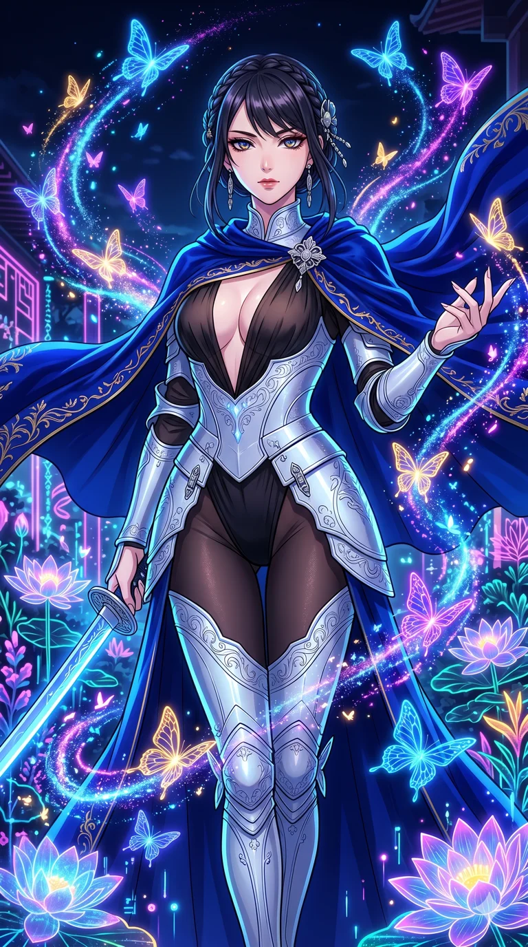 score_9, masterpiece, best quality, ultra-detailed, High-budget Anime Keyframe, vibrant colors, fluid line-art, expressive lighting, cinematic composition, Ufotable-style visual effects, top-tier animation quality, Japanese woman with delicate and elegant anime-inspired features. Upper body close-up from the thighs up, character filling the screen for maximum presence. Surrounded by a swarm of digital butterflies that leave trails of neon dust. She has an absolutely perfect 8-heads proportion, an exceptionally tall and slender female figure with impossibly long slender legs and an ultra-slim waist, her statuesque height and towering silhouette dominating the vertical 9:16 frame. Her face is a masterpiece featuring a sharp v-shaped jawline, high-bridge nose, intricate jewel-like eyes with depth, thick eyelashes, and glossy lips with a natural sheen. She is wearing a Form-fitting light silver plate armor with intricate engravings, over a sheer silk bodysuit with a deep plunging neckline, and a royal blue velvet cape.. The scene is set in a digital garden filled with holographic lotus flowers and neon butterflies. 2k, ultra detail, master piece, 9:16 ratio