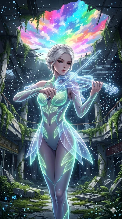 score_9, masterpiece, best quality, ultra-detailed, Set A: High-budget Anime Keyframe, Caucasian (human ears) woman. Upper body close-up from the thighs up, character filling the screen for maximum presence. Theme: Historical Remix. playing a hologra